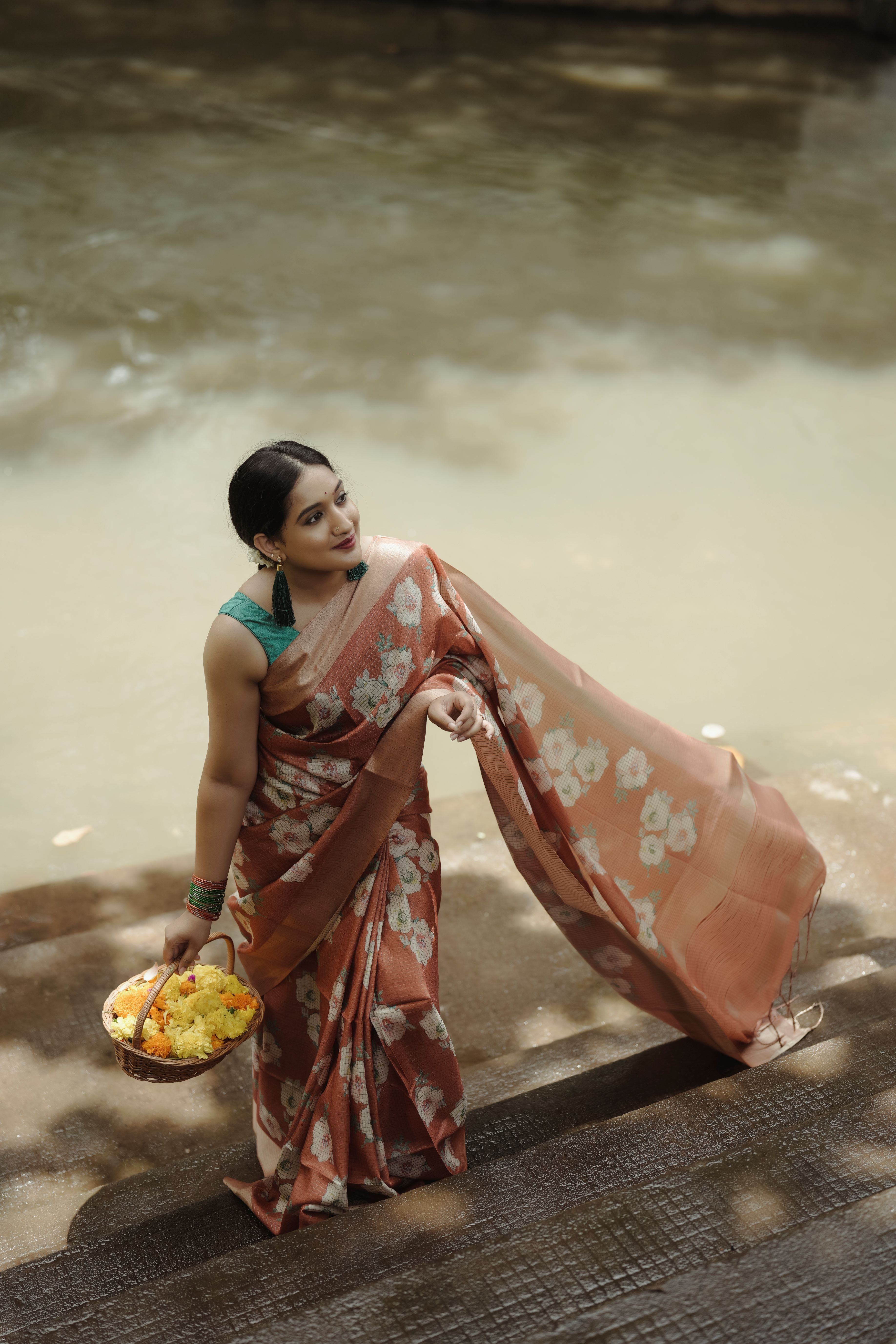 Brown Floral Sari