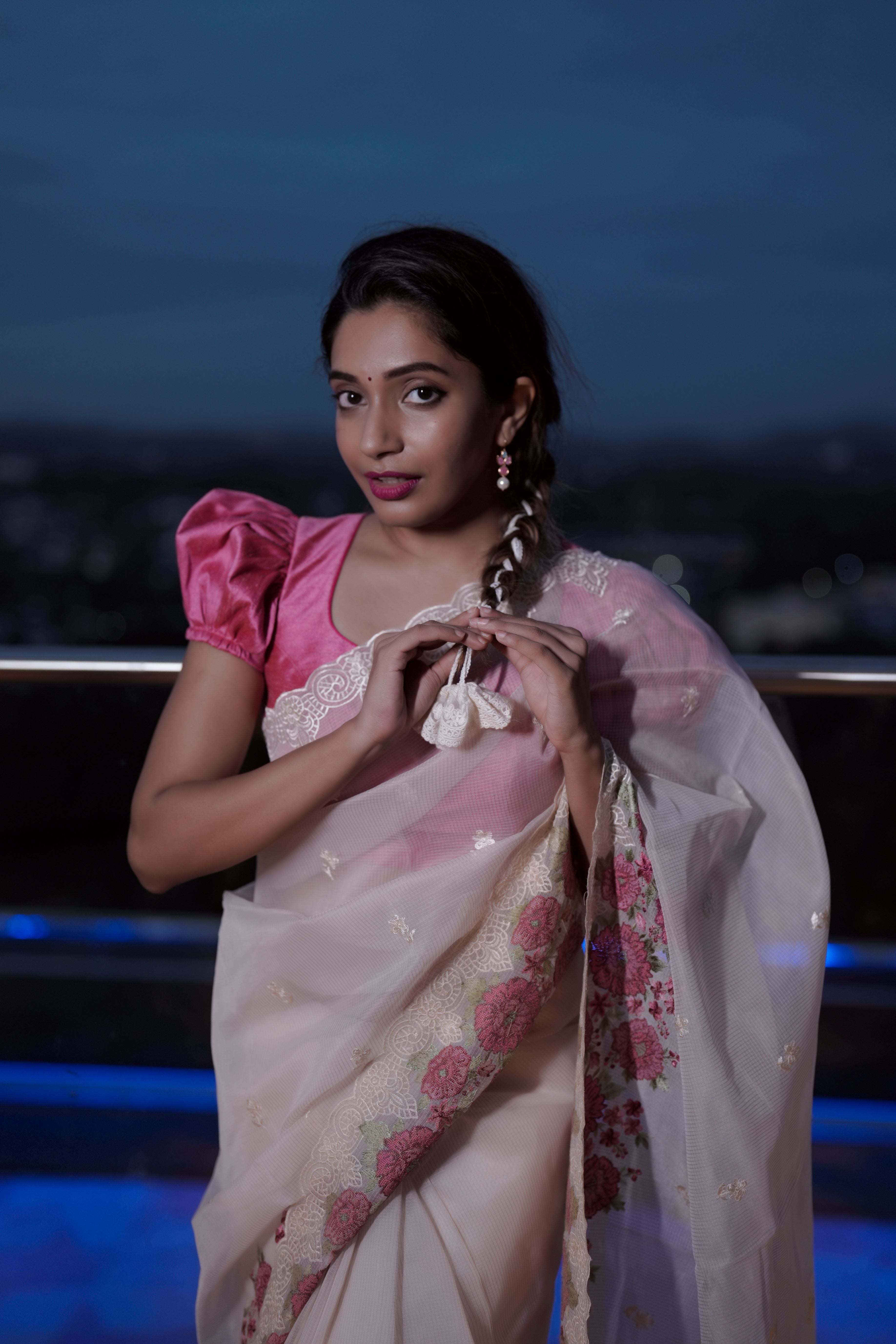 Florals pearl white saree