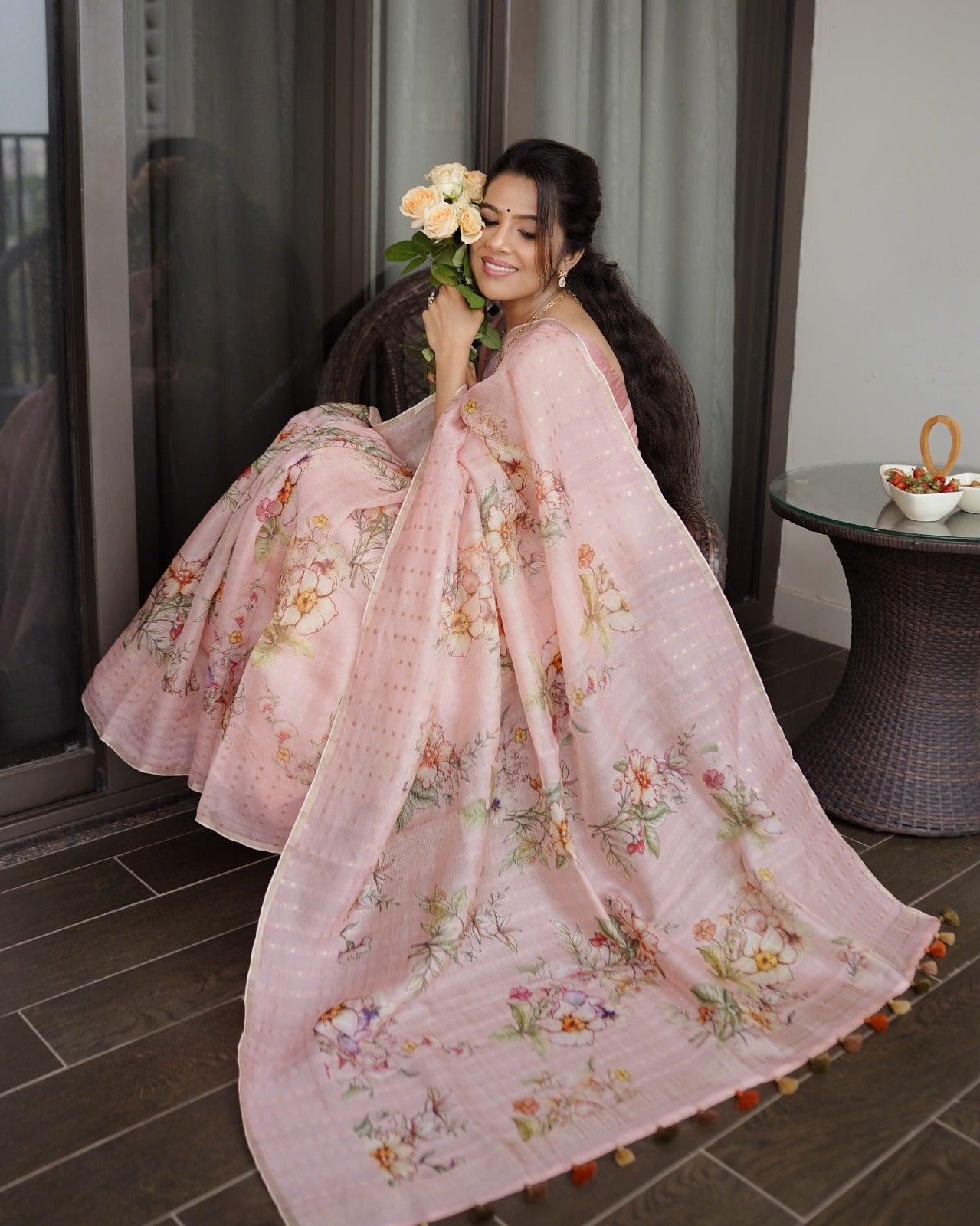 Pink flowers Muslin tissue saree