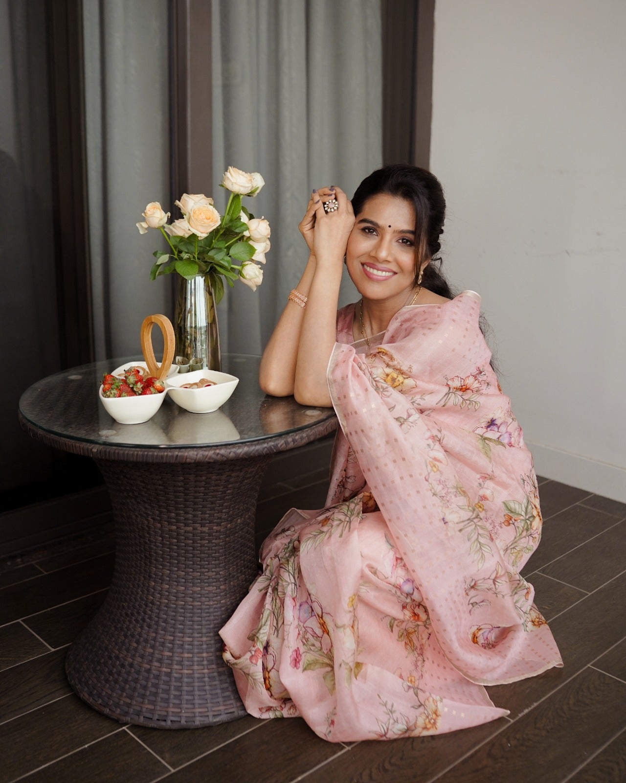 Pink flowers Muslin tissue saree