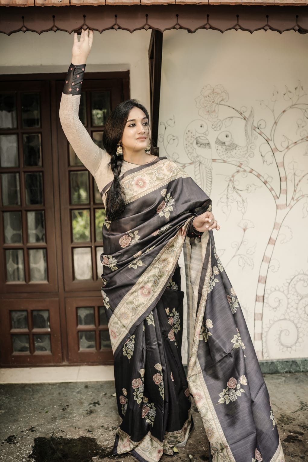 Black desi tussar saree