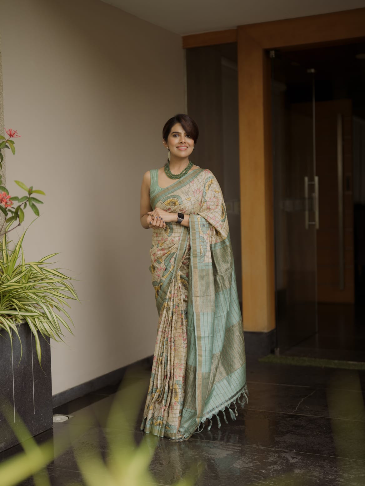 Pastel Kalamkari floral Tussar Saree