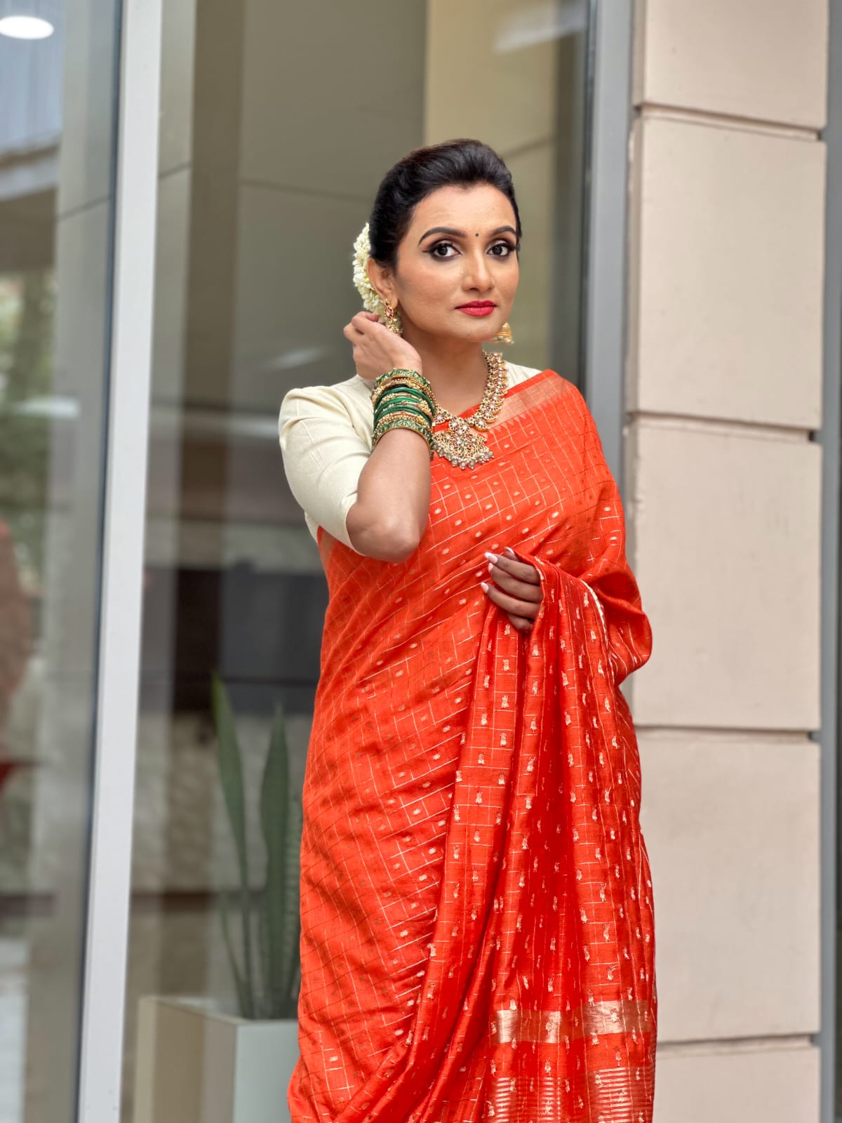 Orange Check Saree