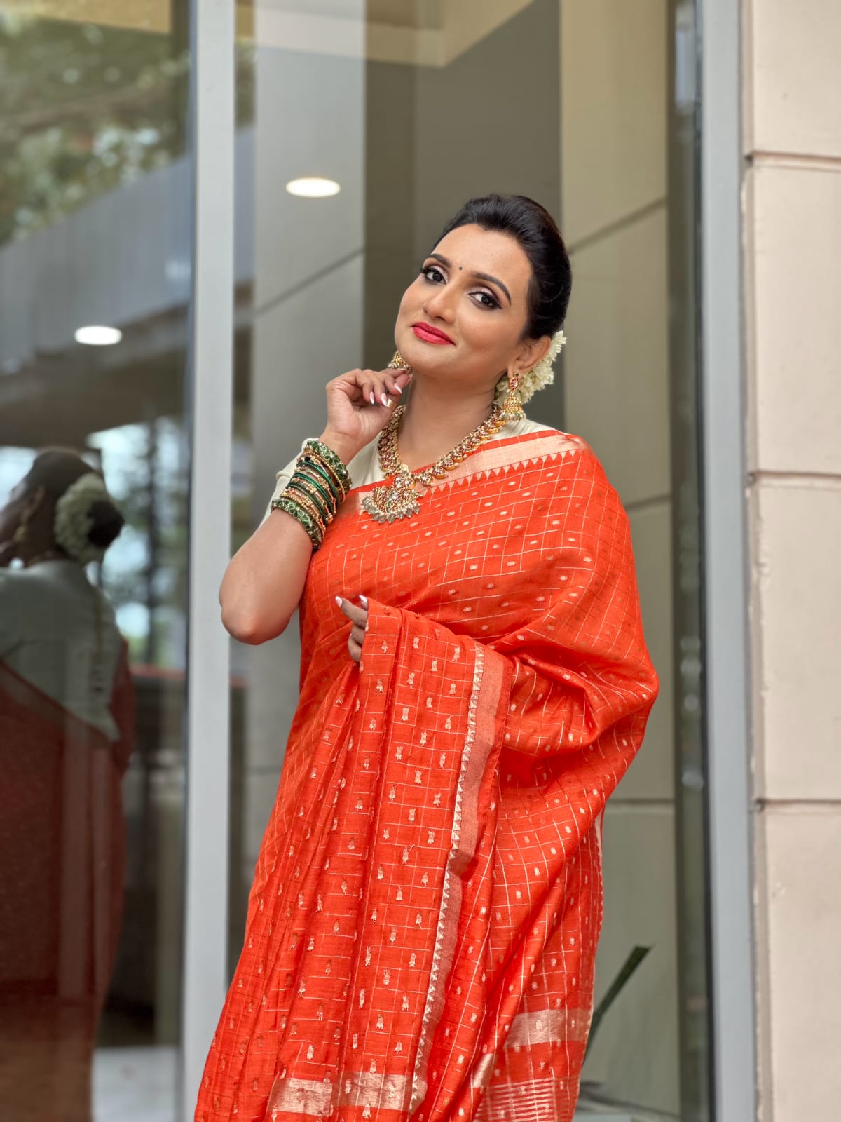 Orange Check Saree