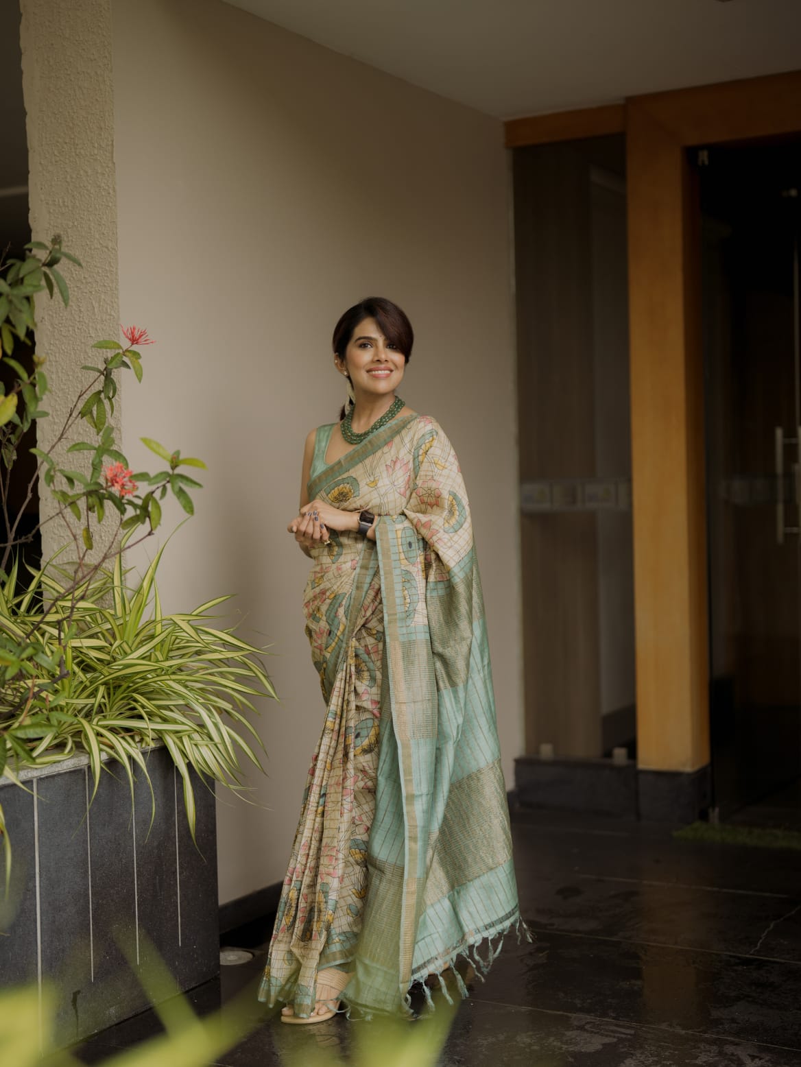 Pastel Kalamkari floral Tussar Saree