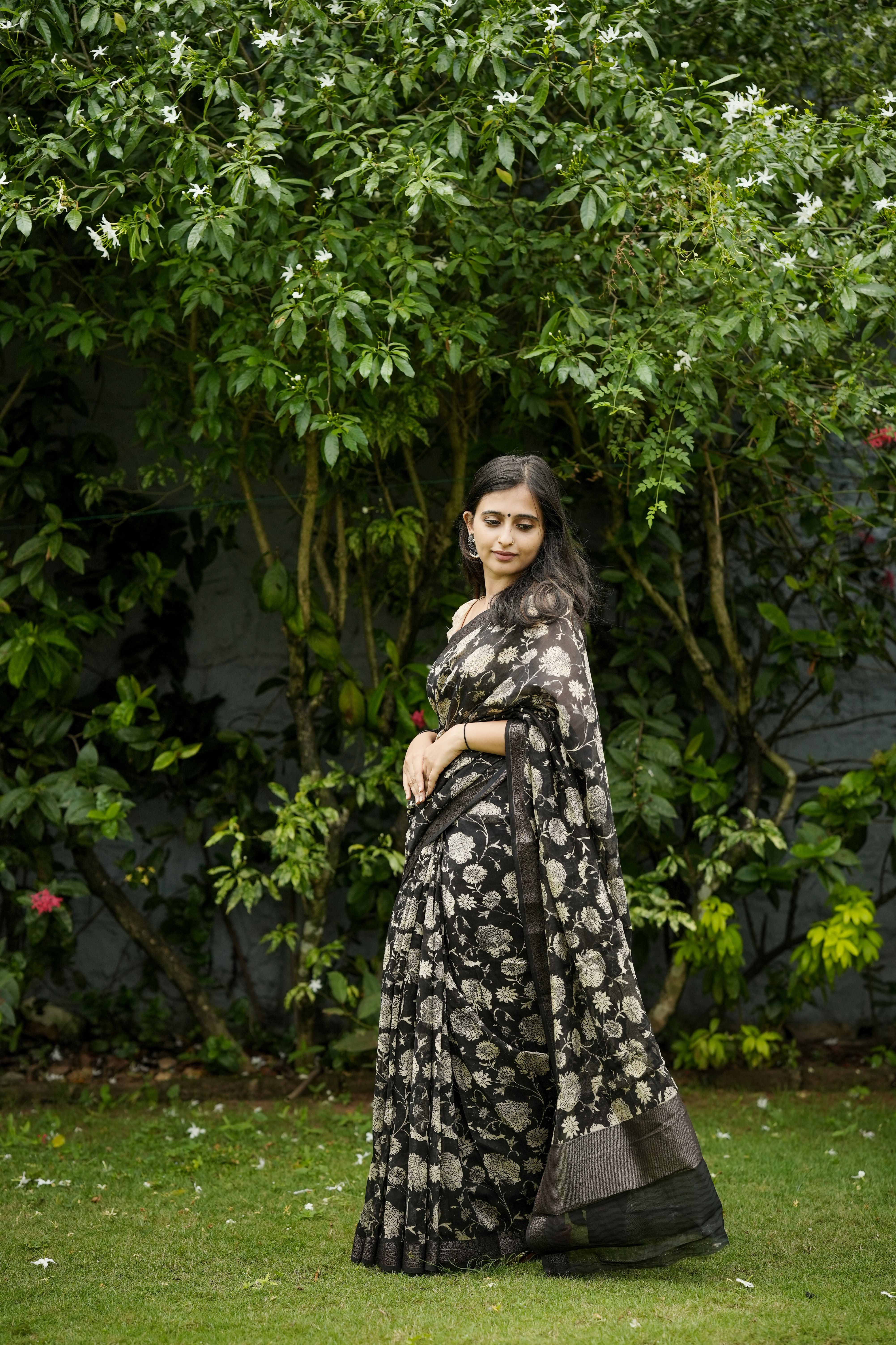 Black Floral Chanderi Sari