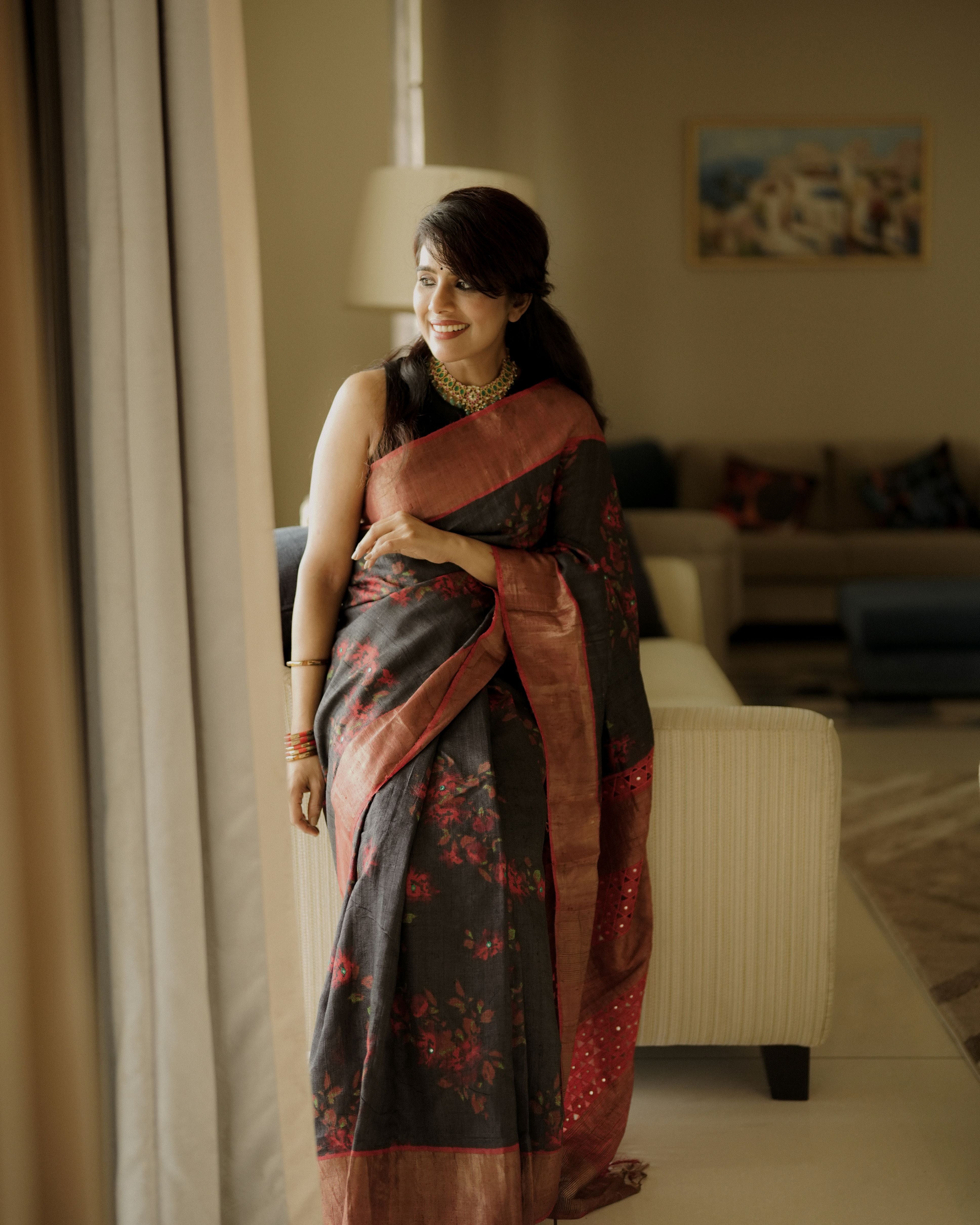 Floral Tussar Silk Saree