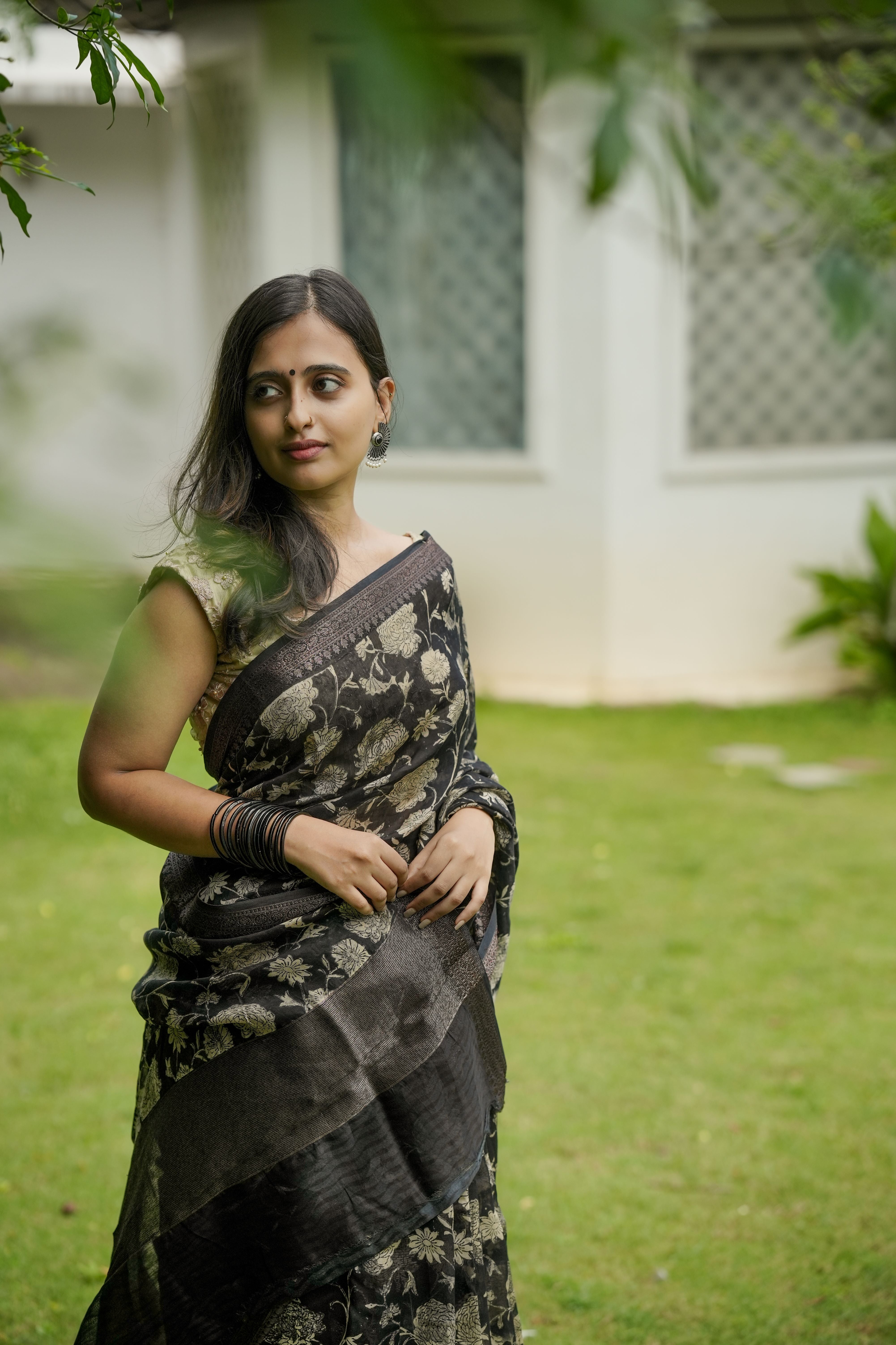 Black Floral Chanderi Sari