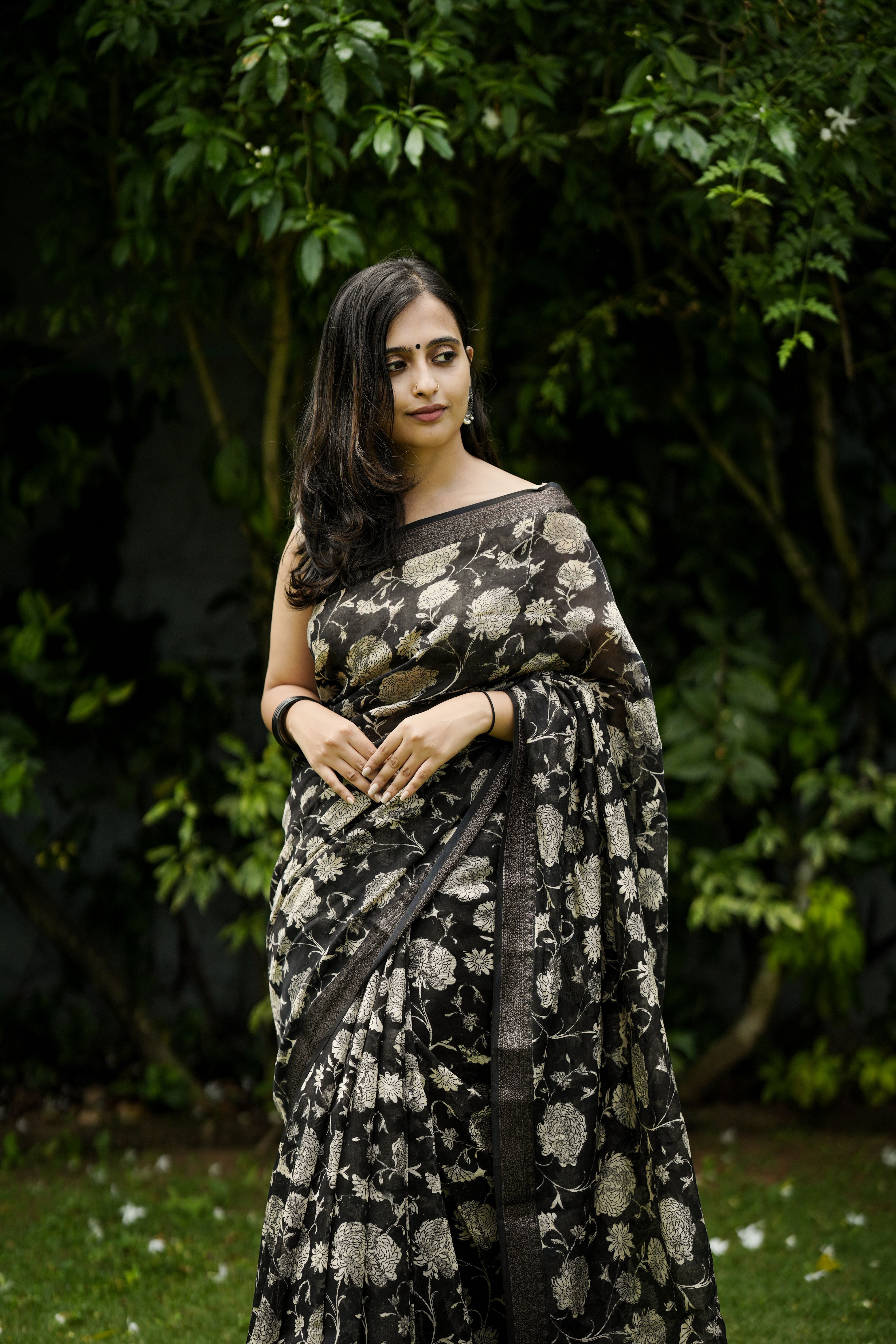 Black Floral Chanderi Sari