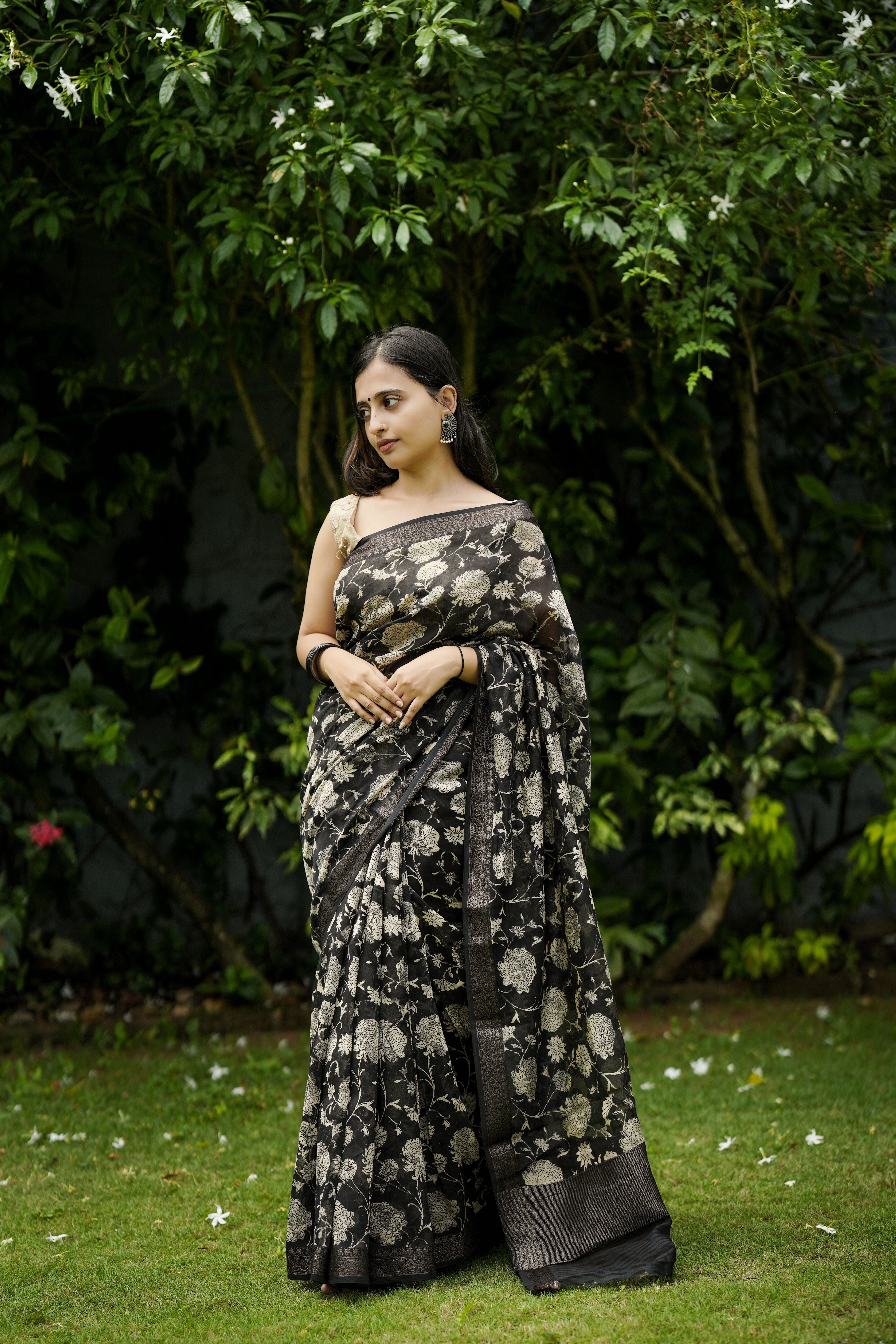 Black Floral Chanderi Sari