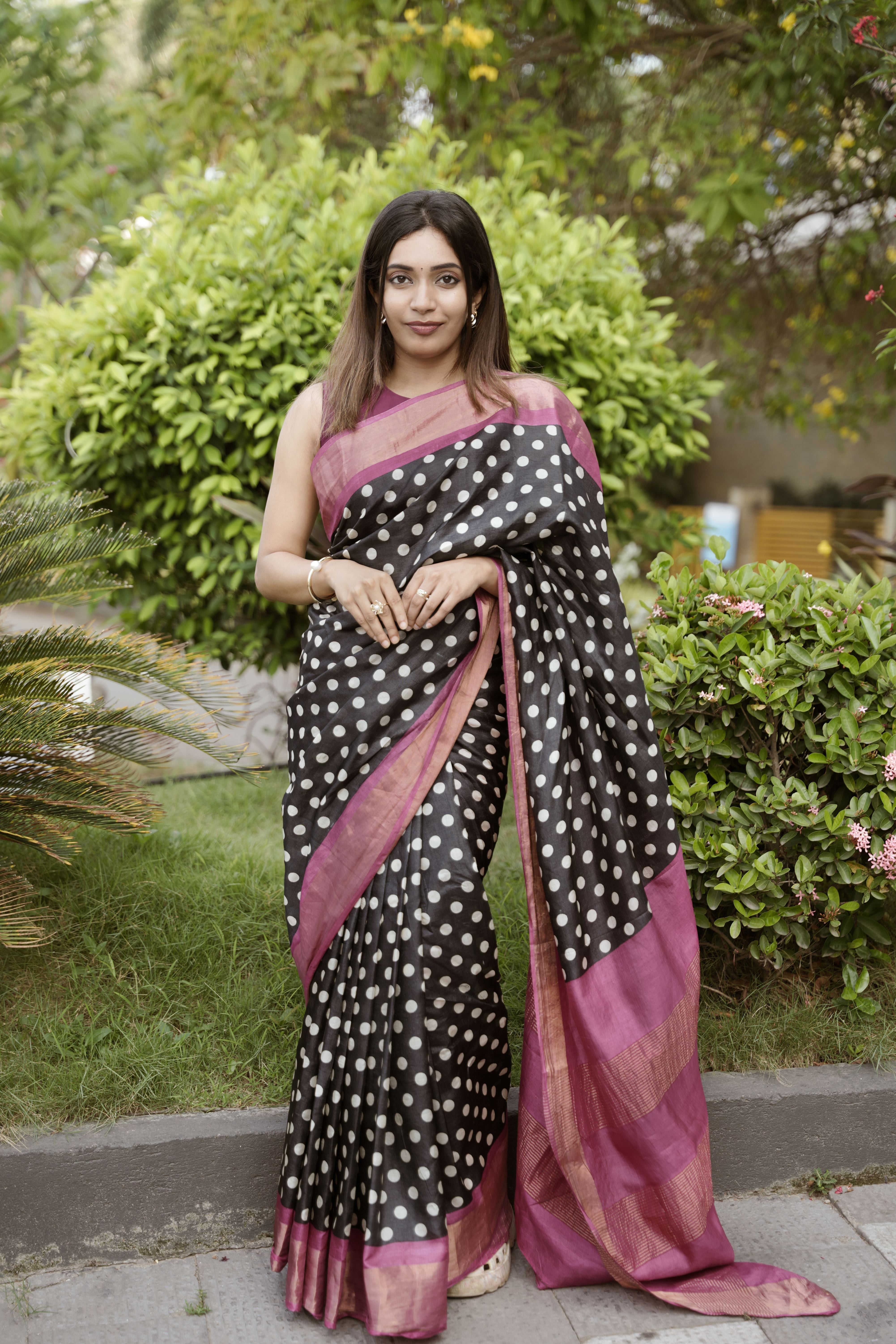 Black Polka Tussar Silk Saree