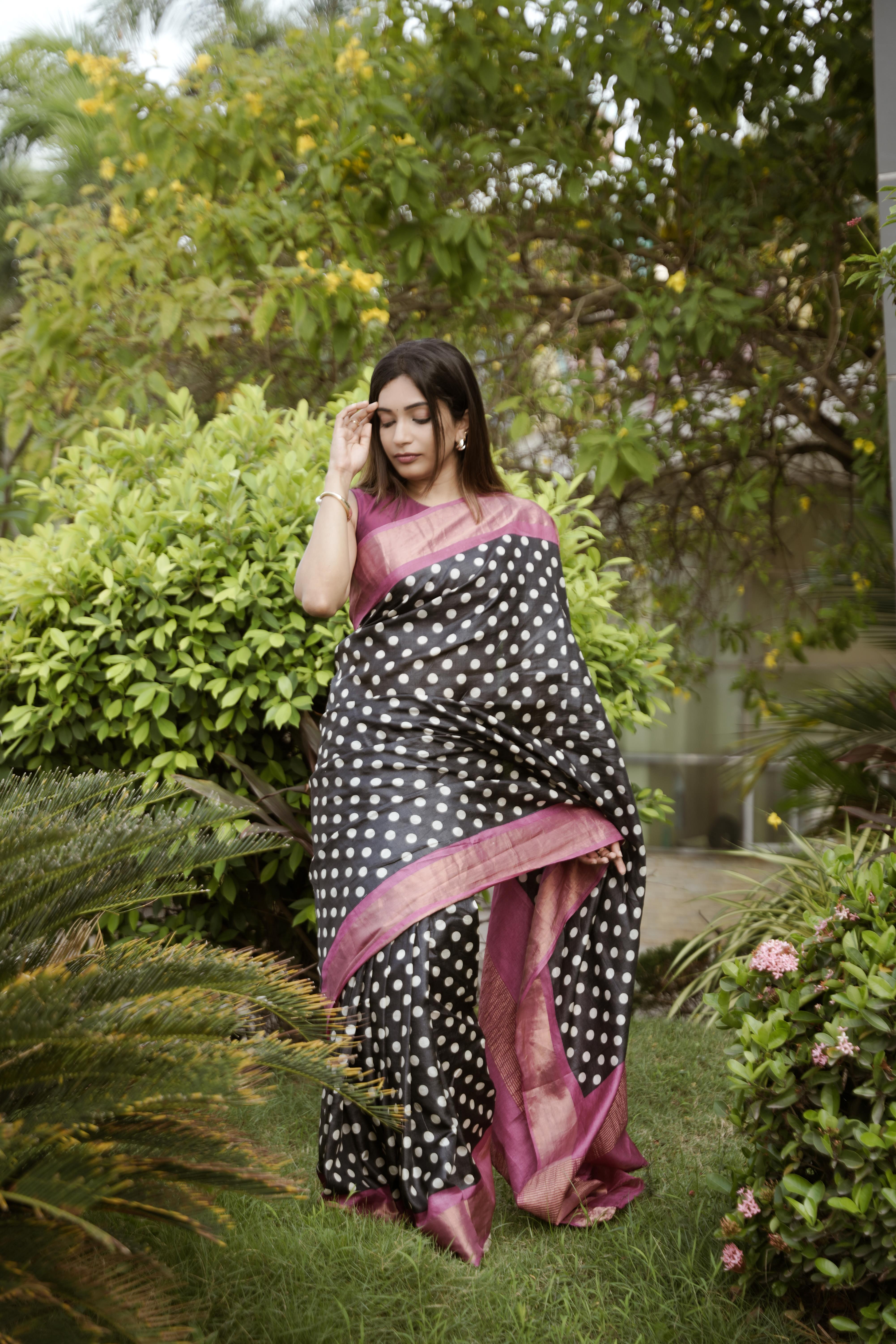 Black Polka Tussar Silk Saree