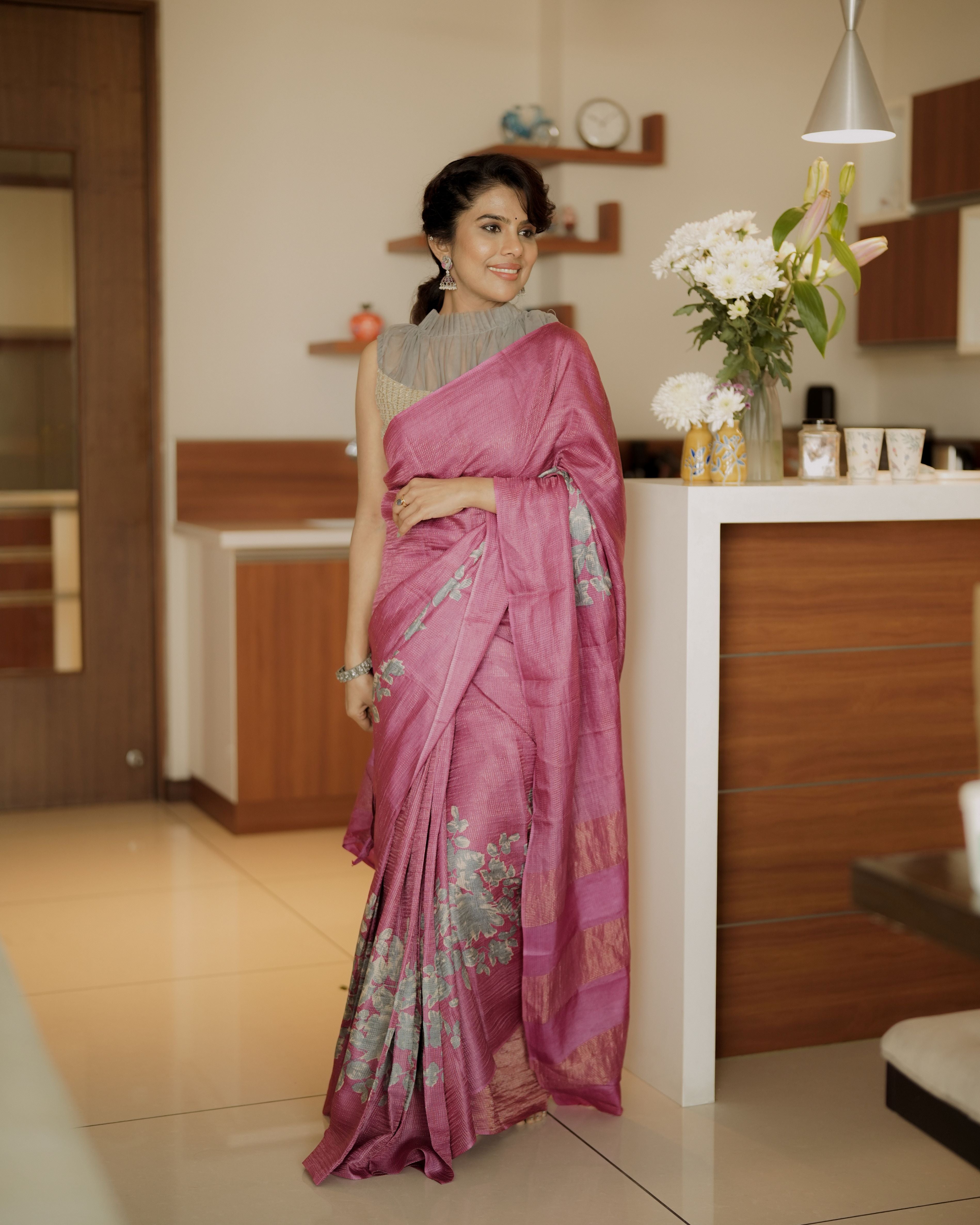 Tussar silk sari golden checks