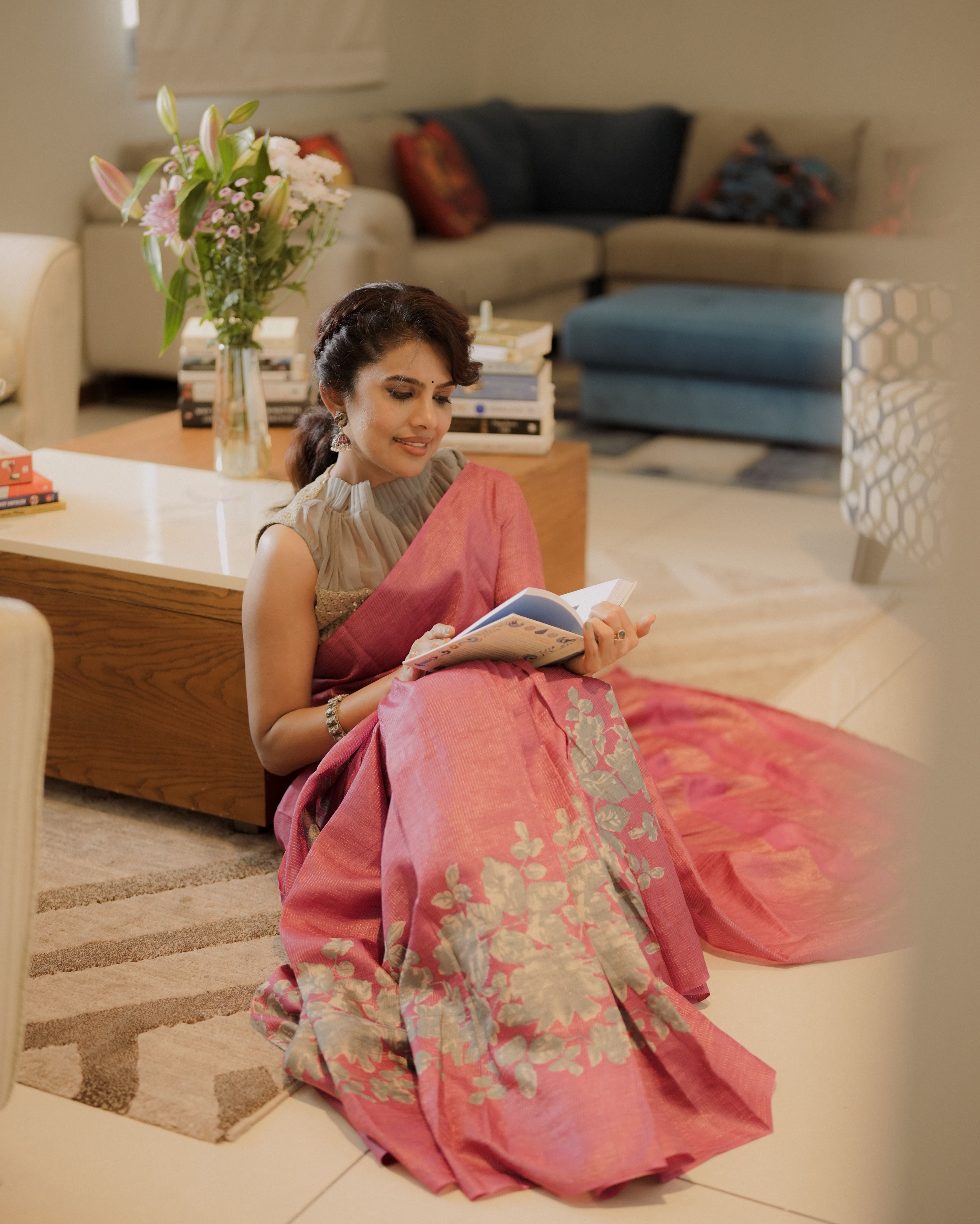 Tussar silk sari golden checks