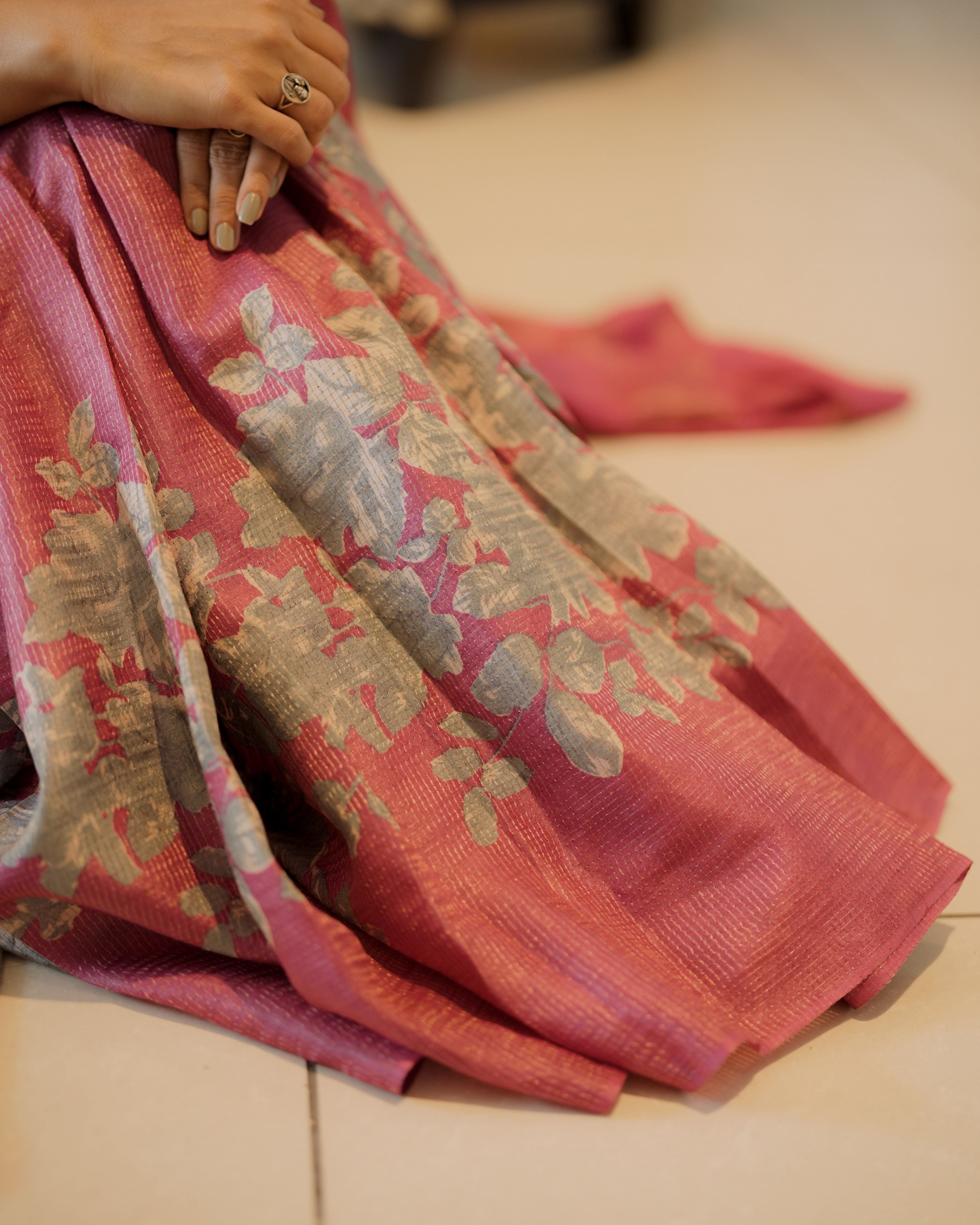 Tussar silk sari golden checks