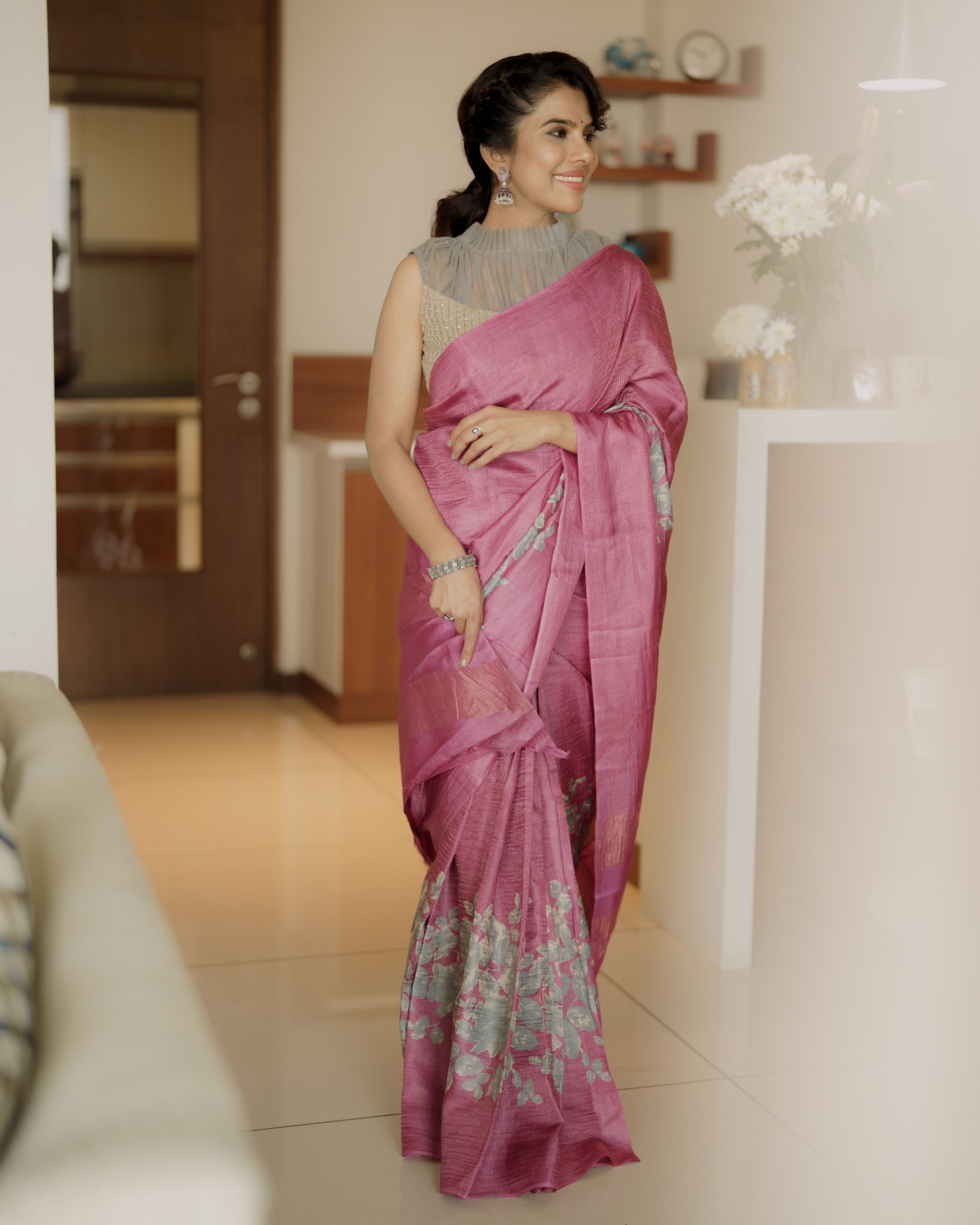 Tussar silk sari golden checks