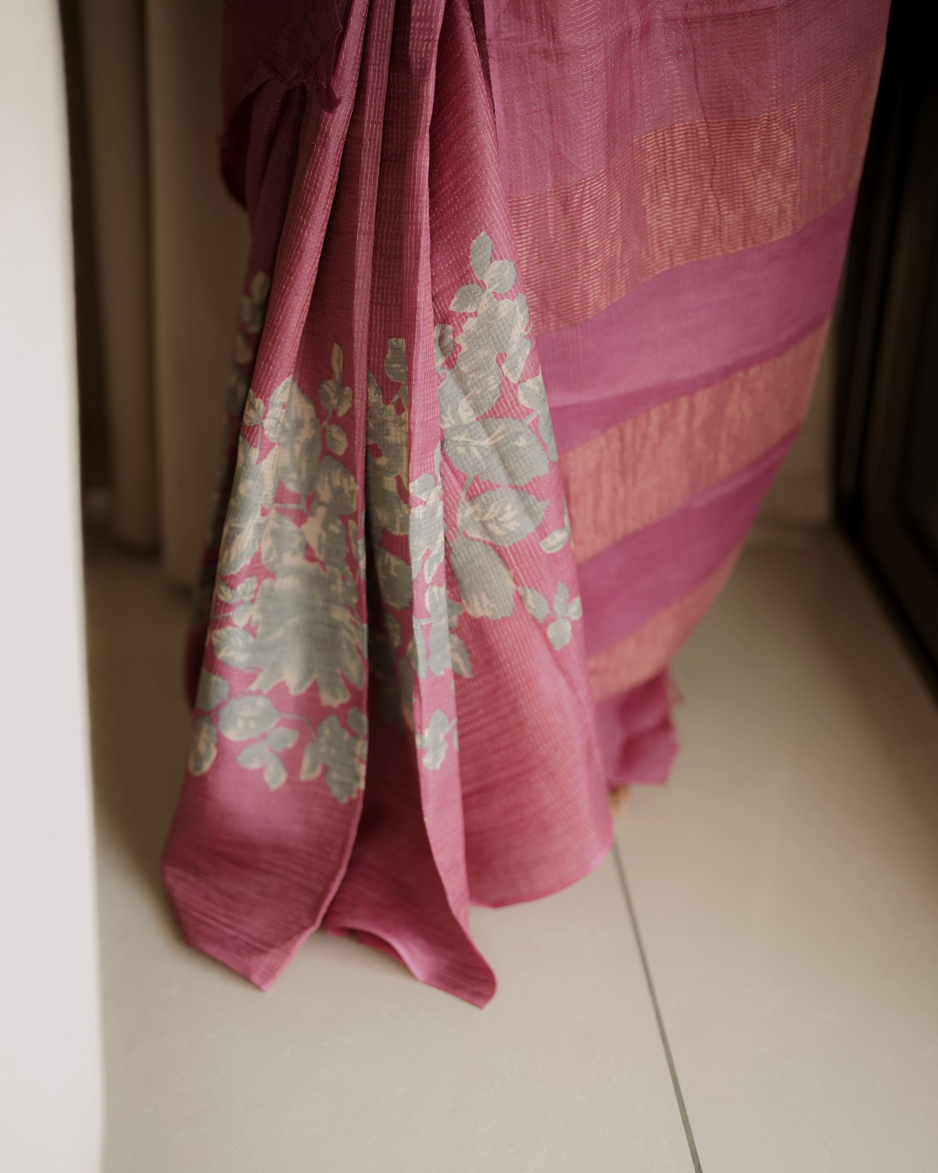 Tussar silk sari golden checks