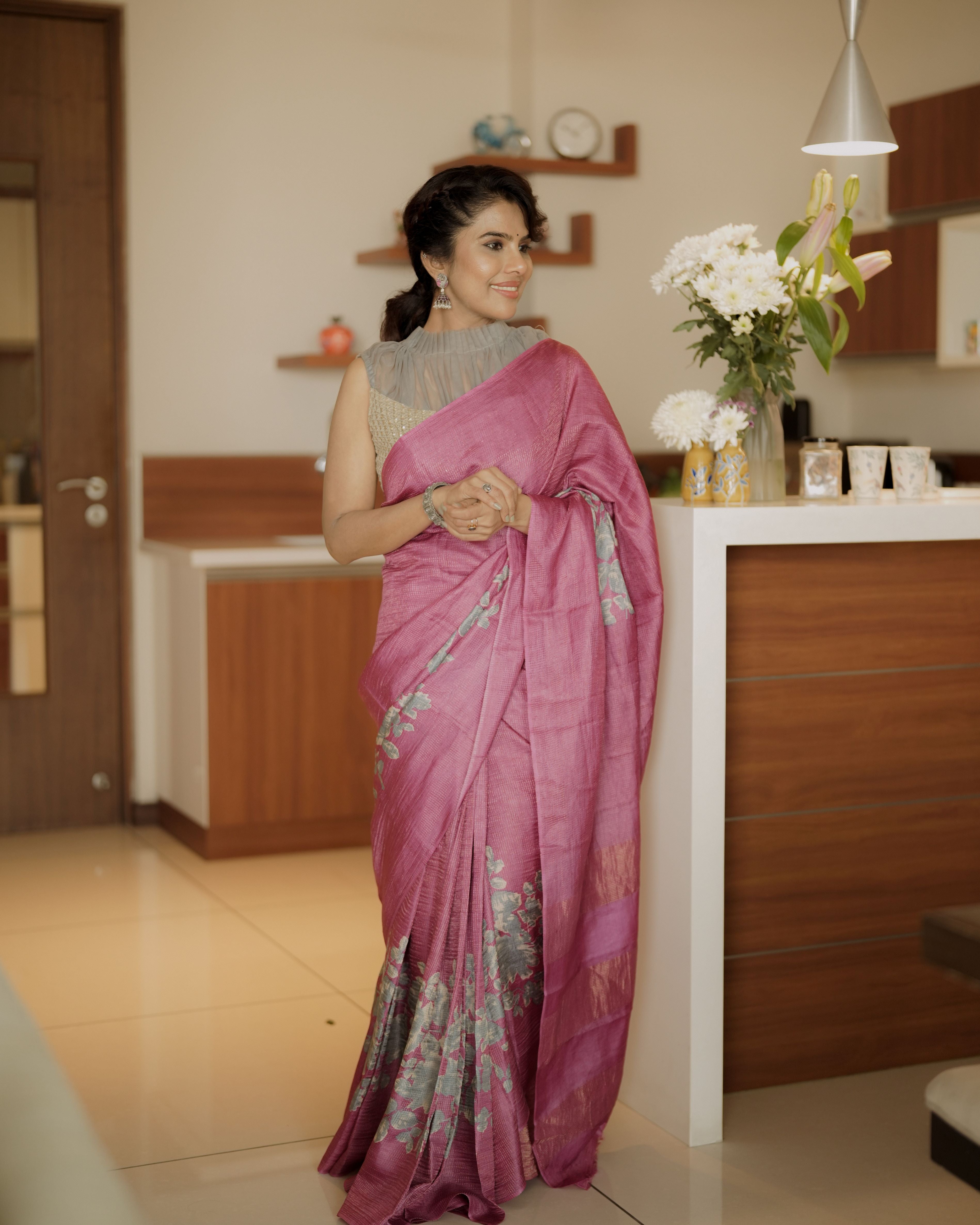 Tussar silk sari golden checks