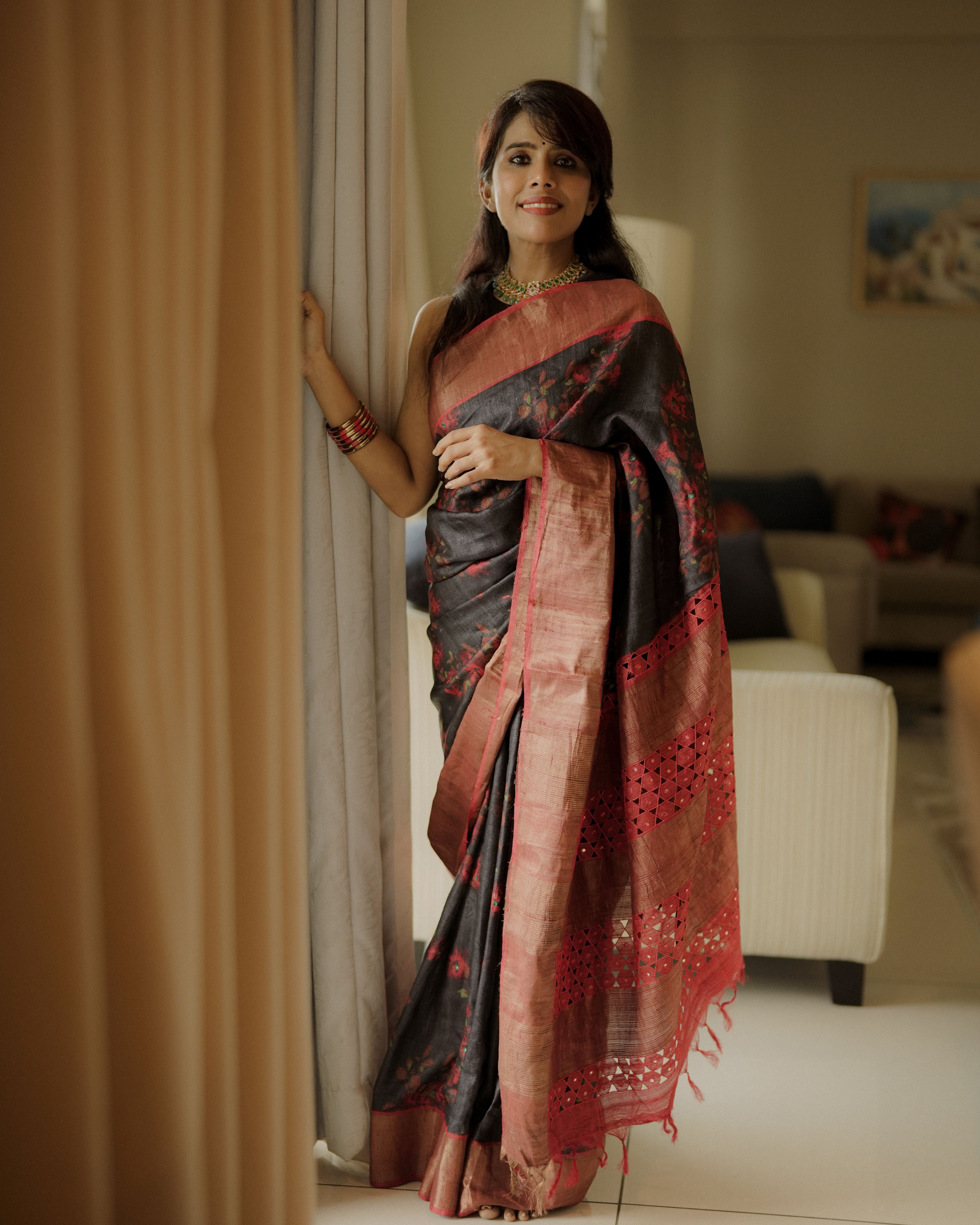 Floral Tussar Silk Saree