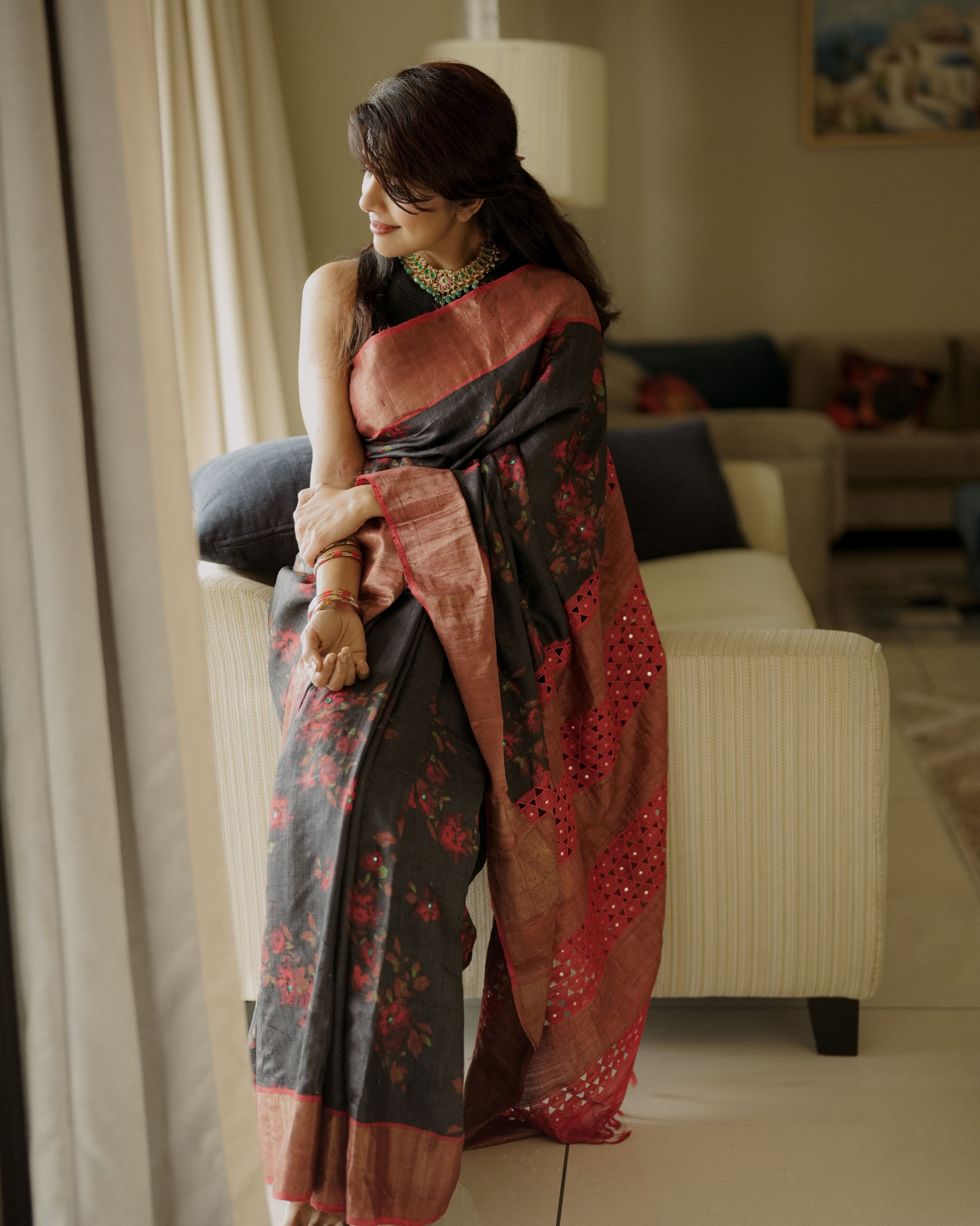 Floral Tussar Silk Saree