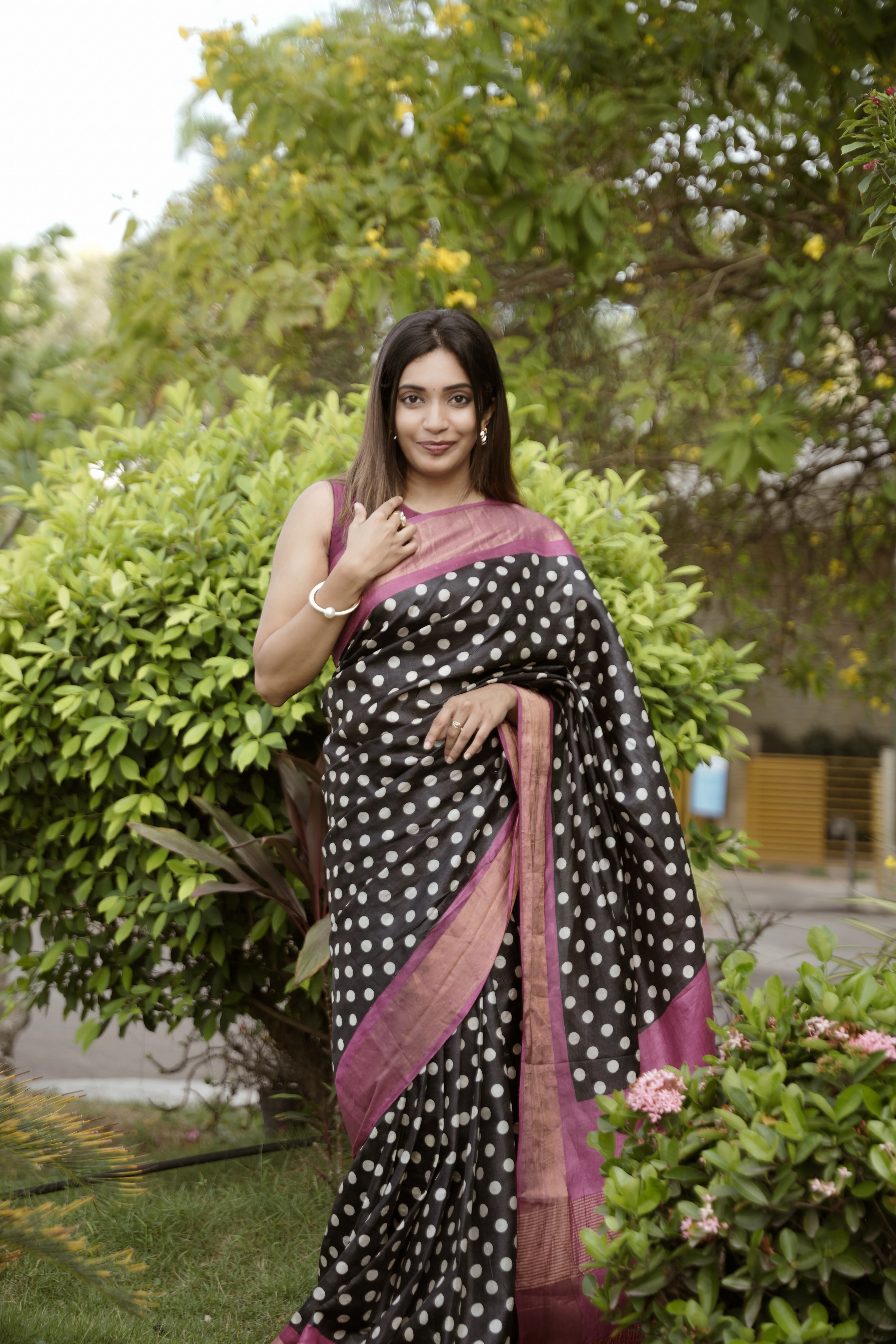 Black Polka Tussar Silk Saree