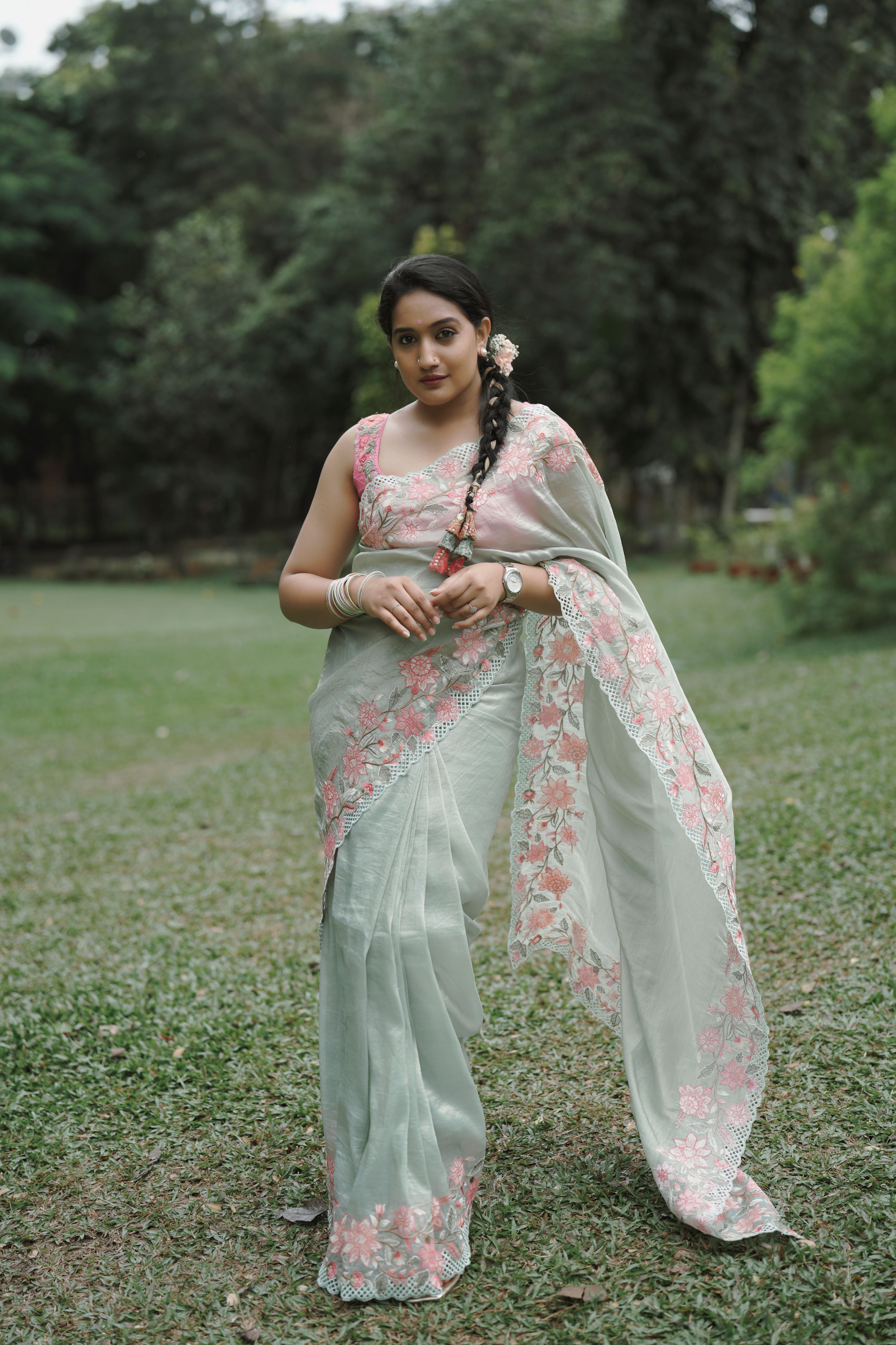 Pastel green crushed organza silk sari