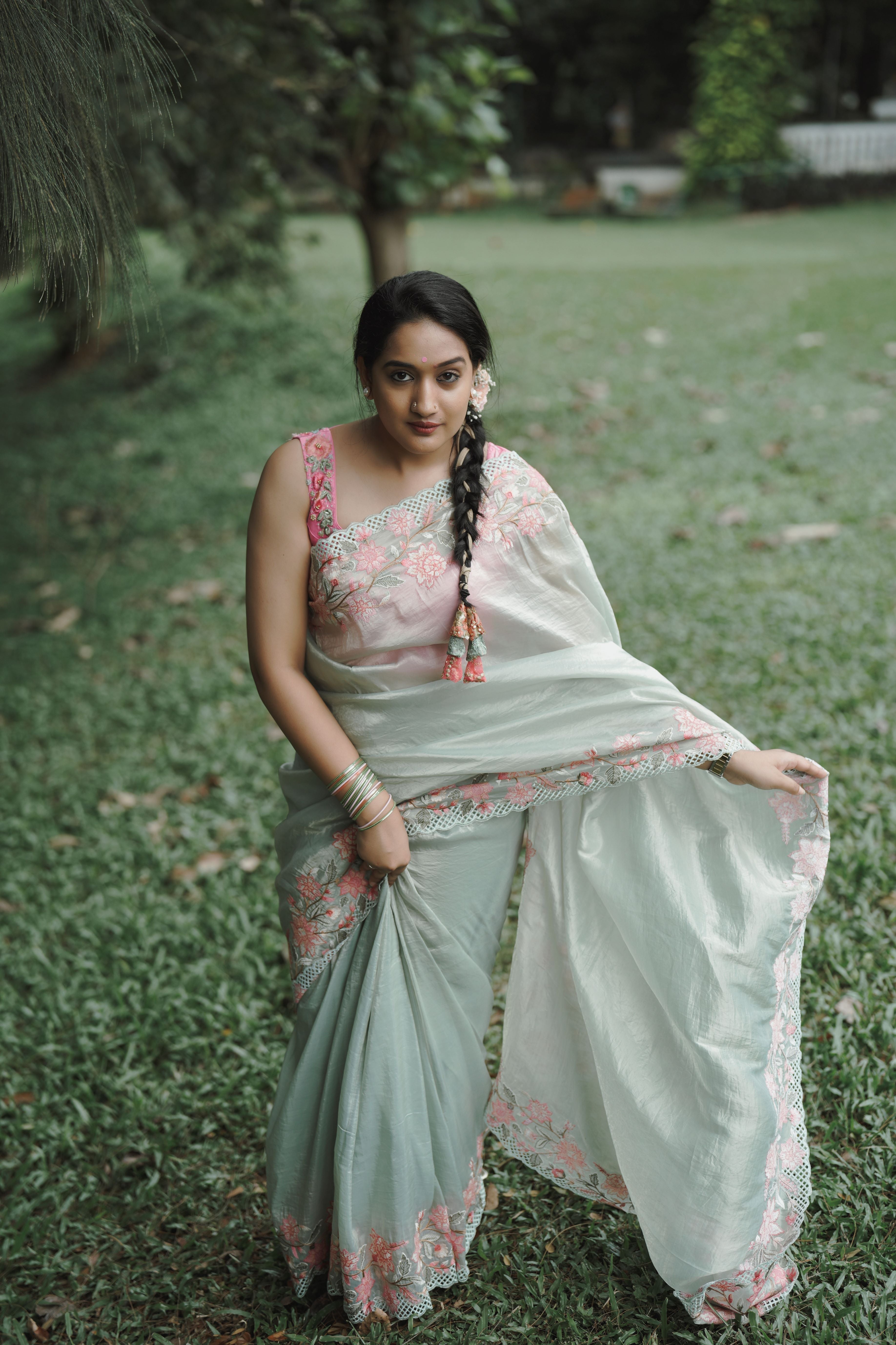 Pastel green crushed organza silk sari