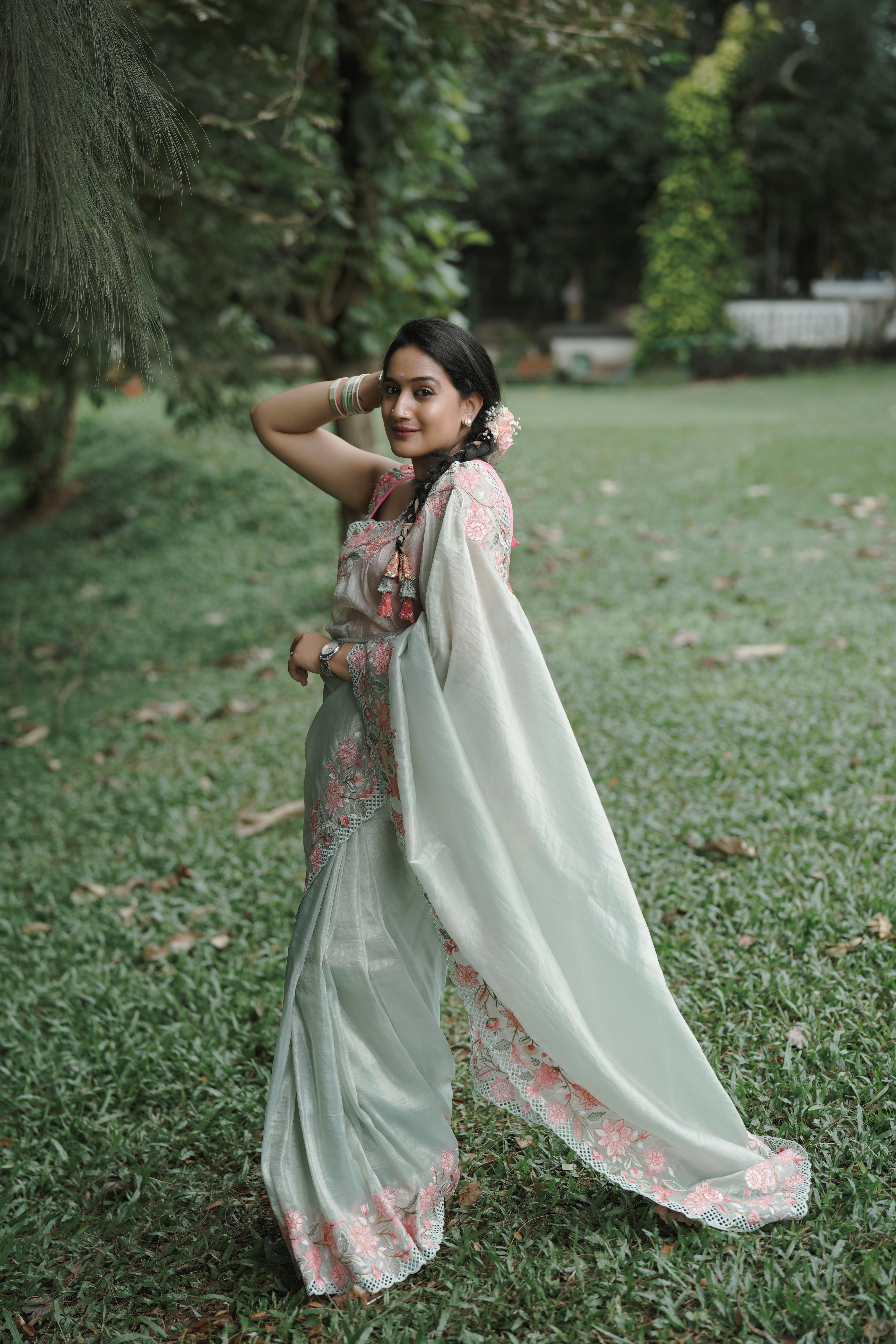 Pastel green crushed organza silk sari