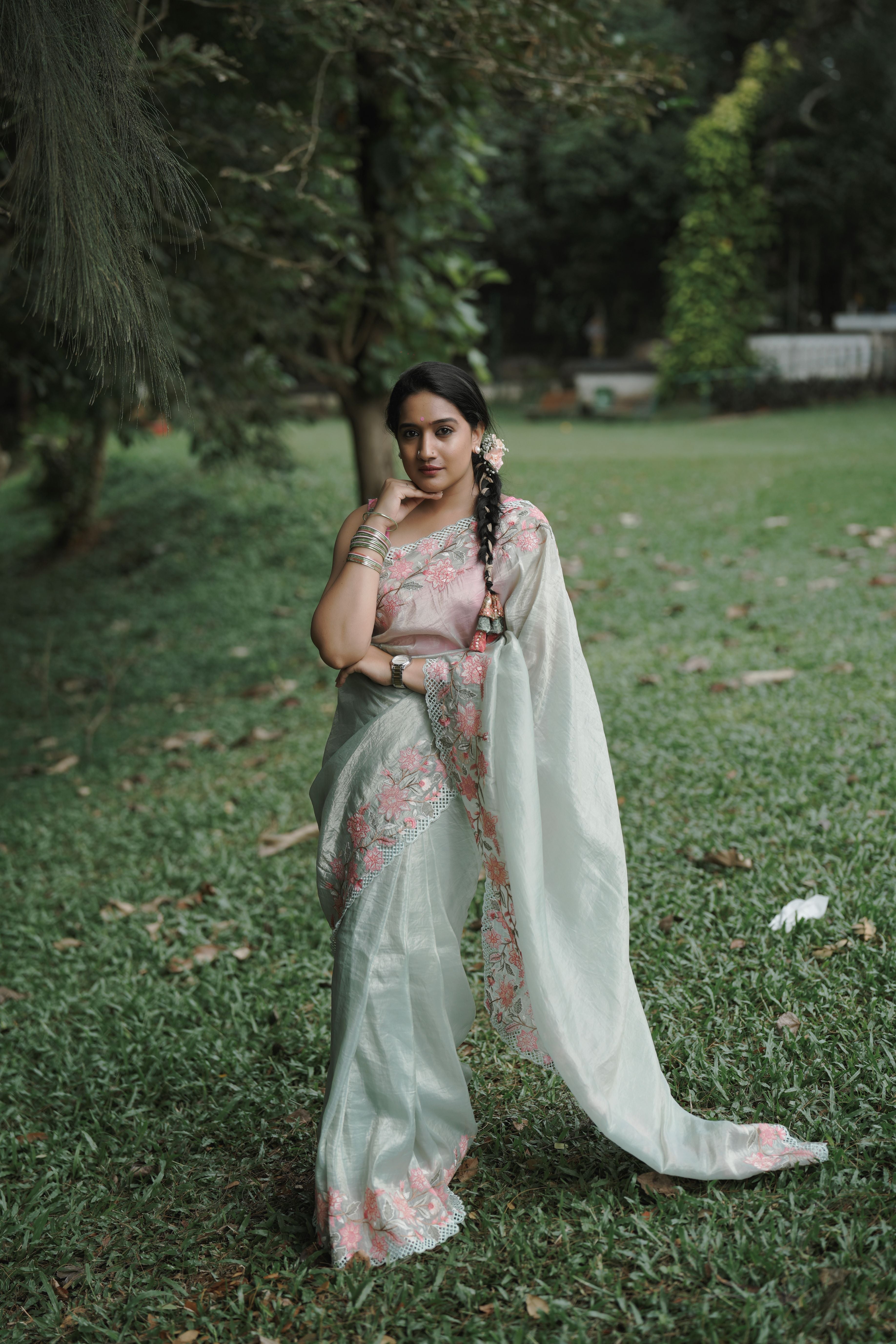 Pastel green crushed organza silk sari