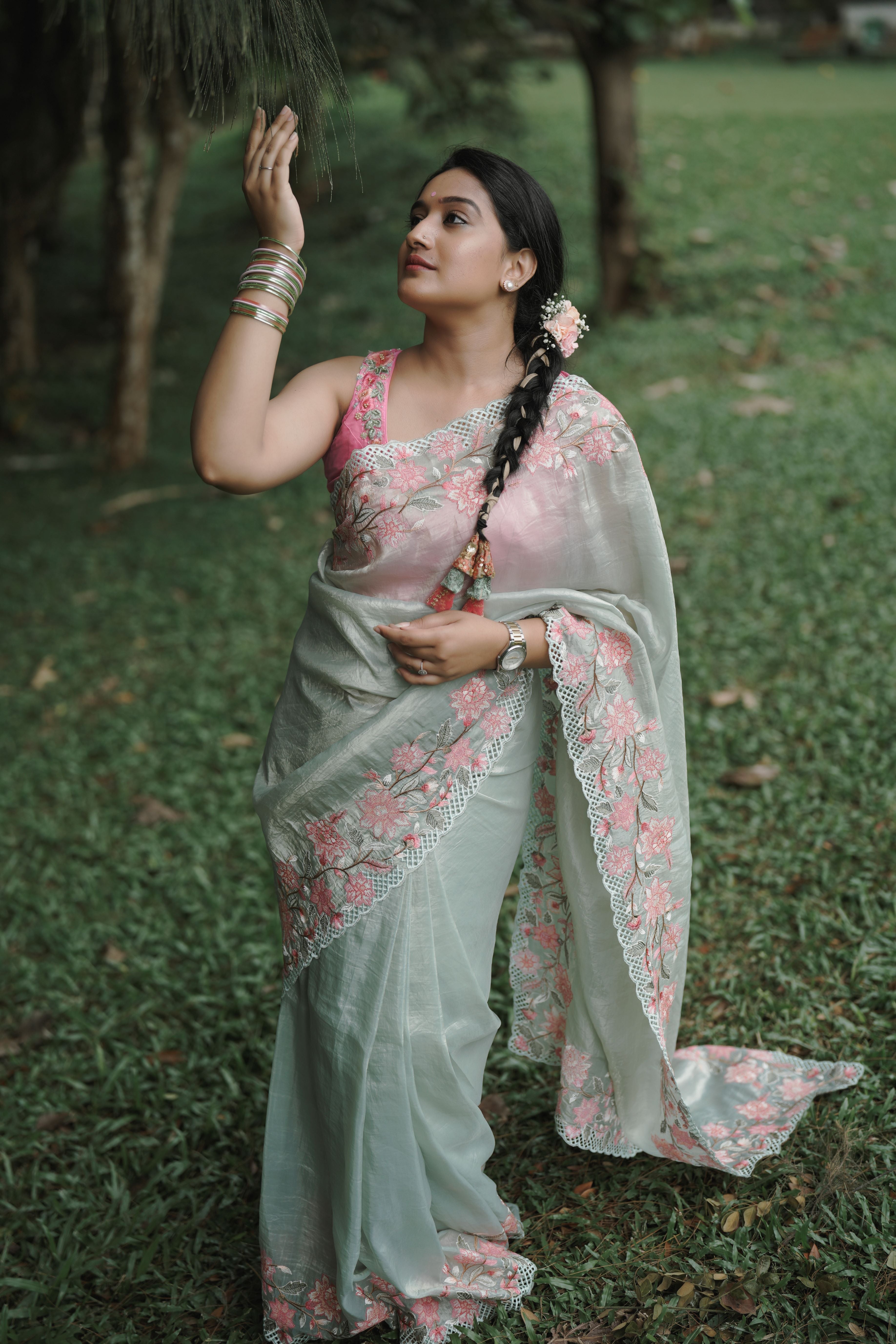 Pastel green crushed organza silk sari