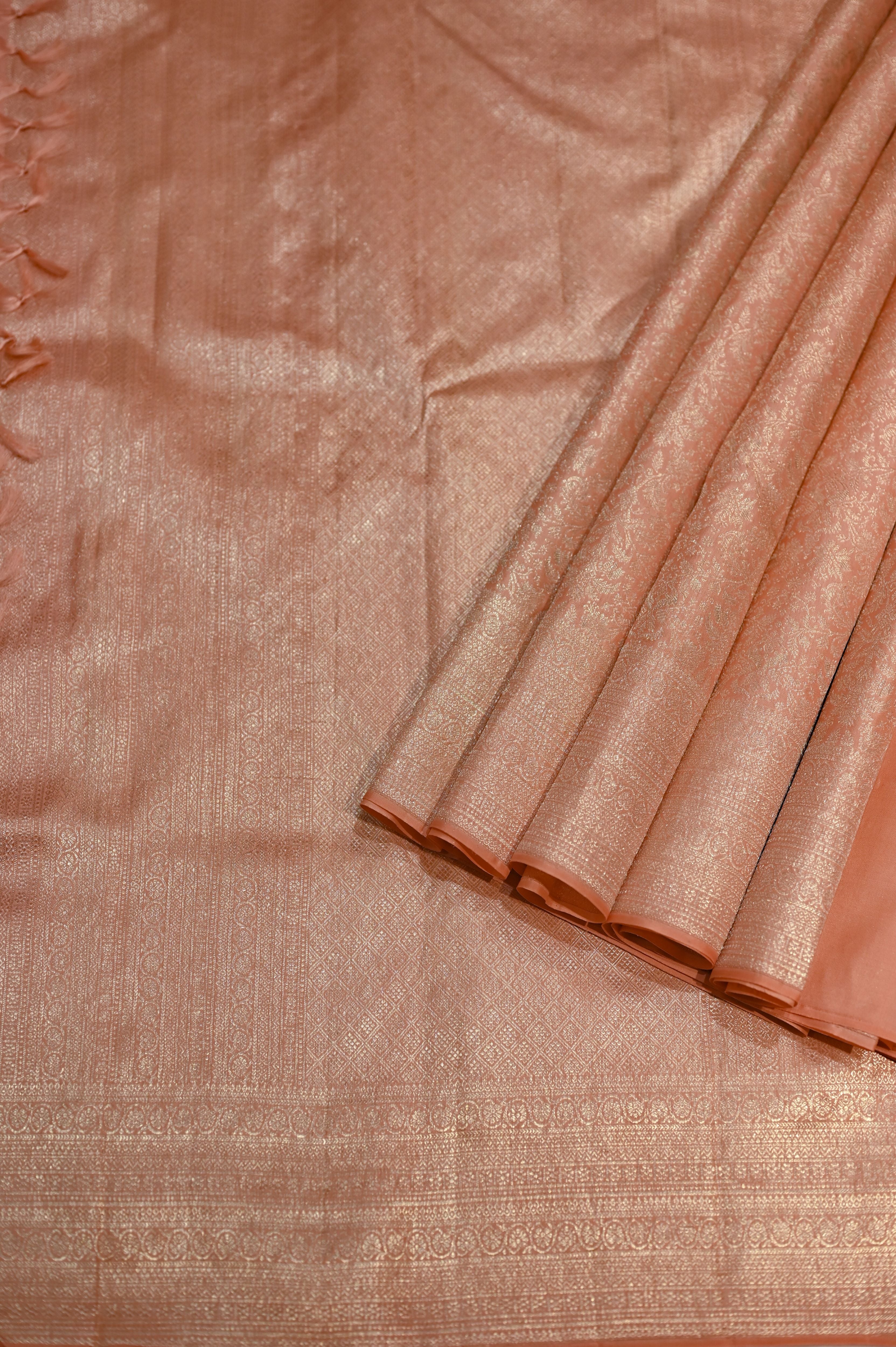Peach coloured platinum zari Kanjivaram silk sari