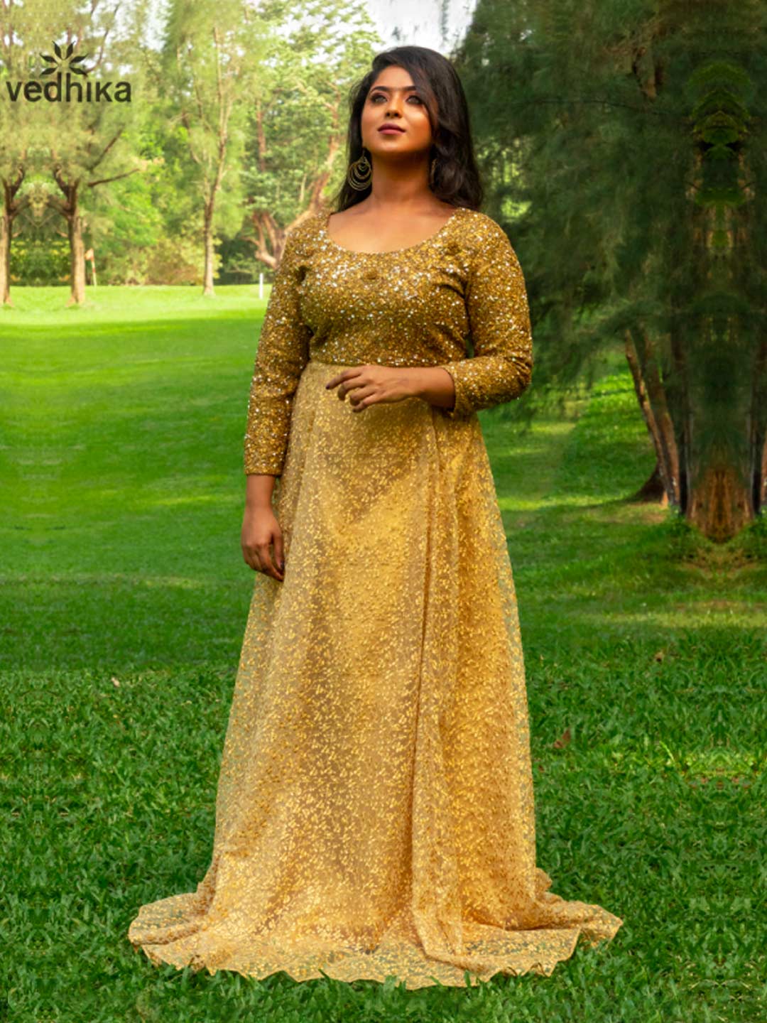 Buy Gold Gown With Shimmer Sequins In 3 D Flowers, Feathers And Fancy Cape  KALKI Fashion India