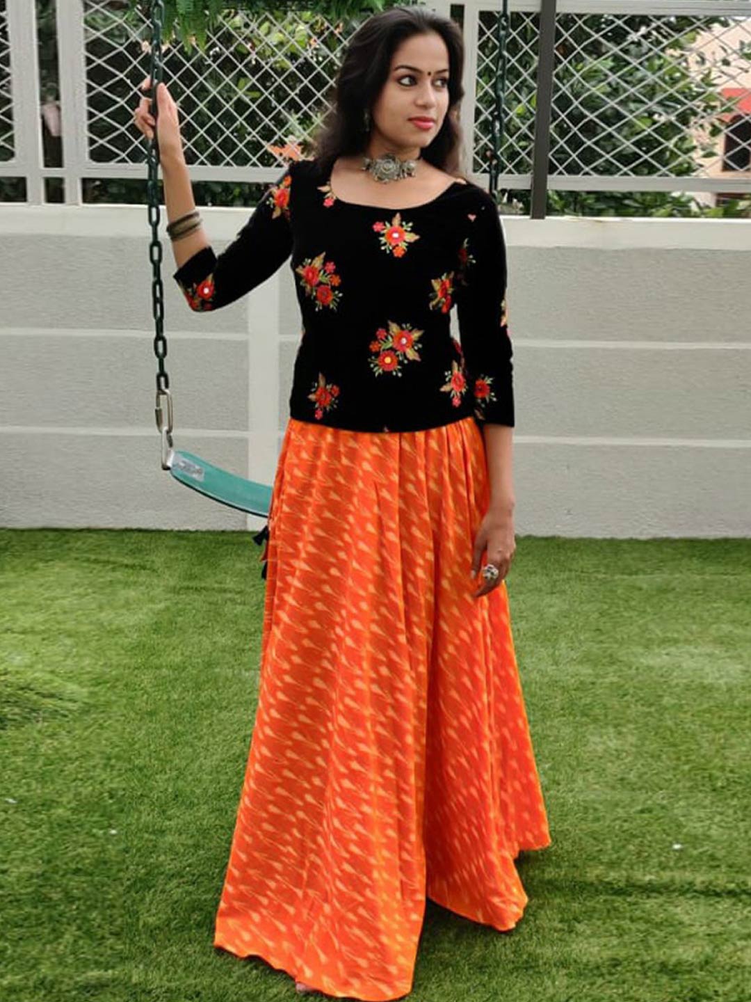 Ethnic Ikat Skirt And Velvet Top – Vedhika Fashion Studio