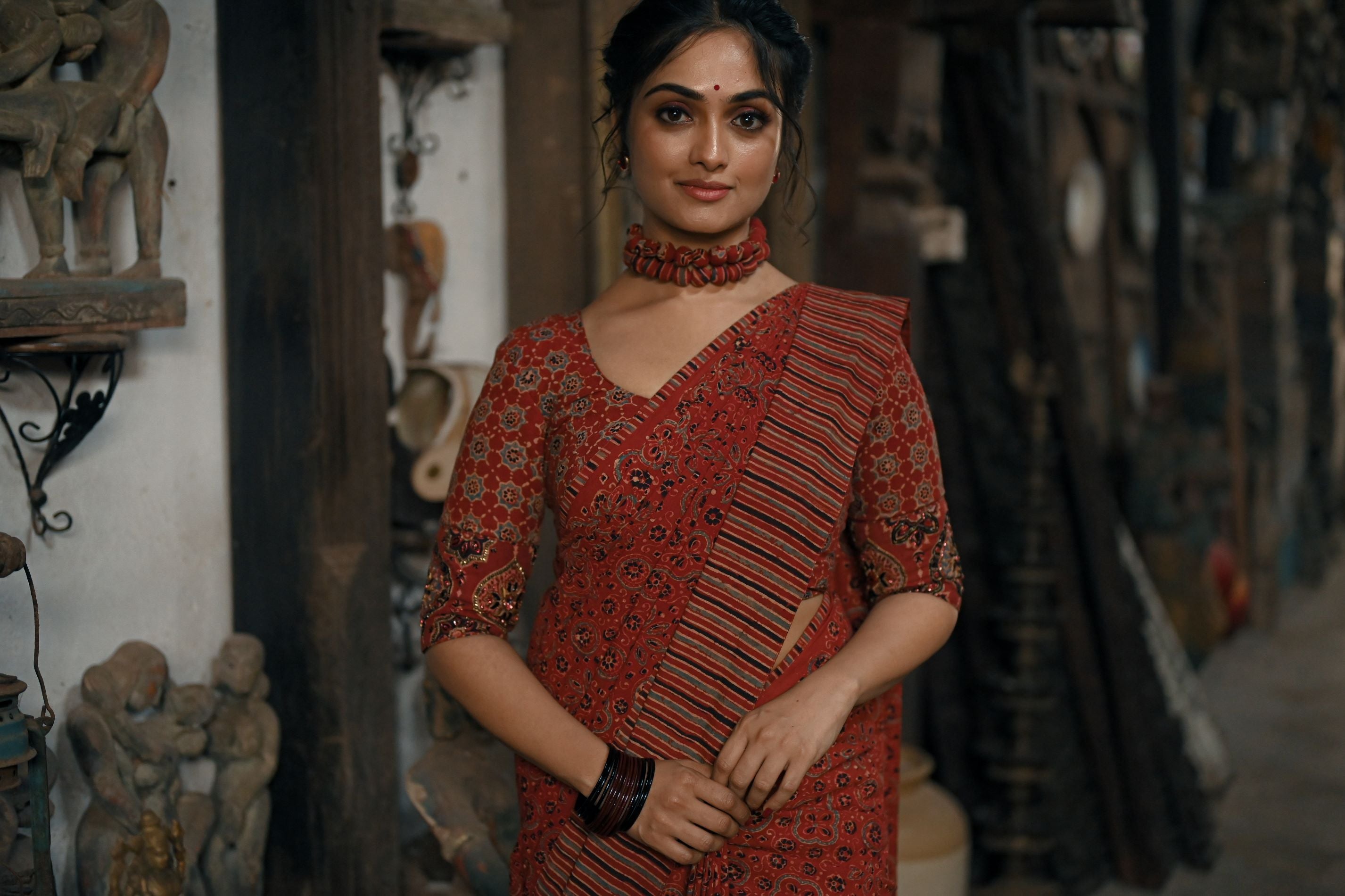Ajrakh cotton sari with geometric prints