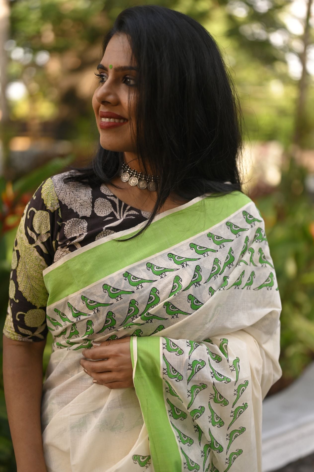 Parrot motifs block printed Sari