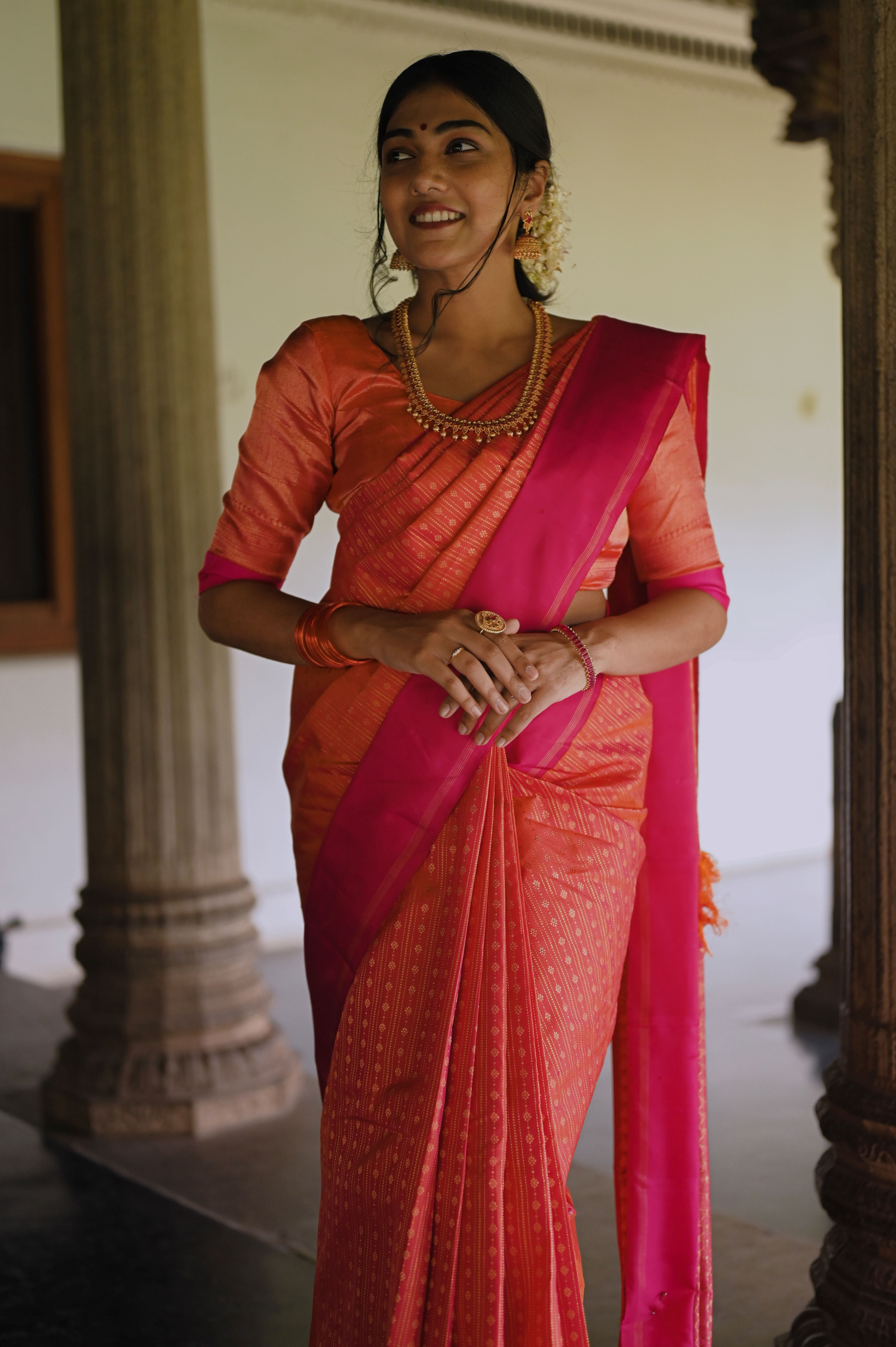 Pink and Orange   Kanchivaram silk saree