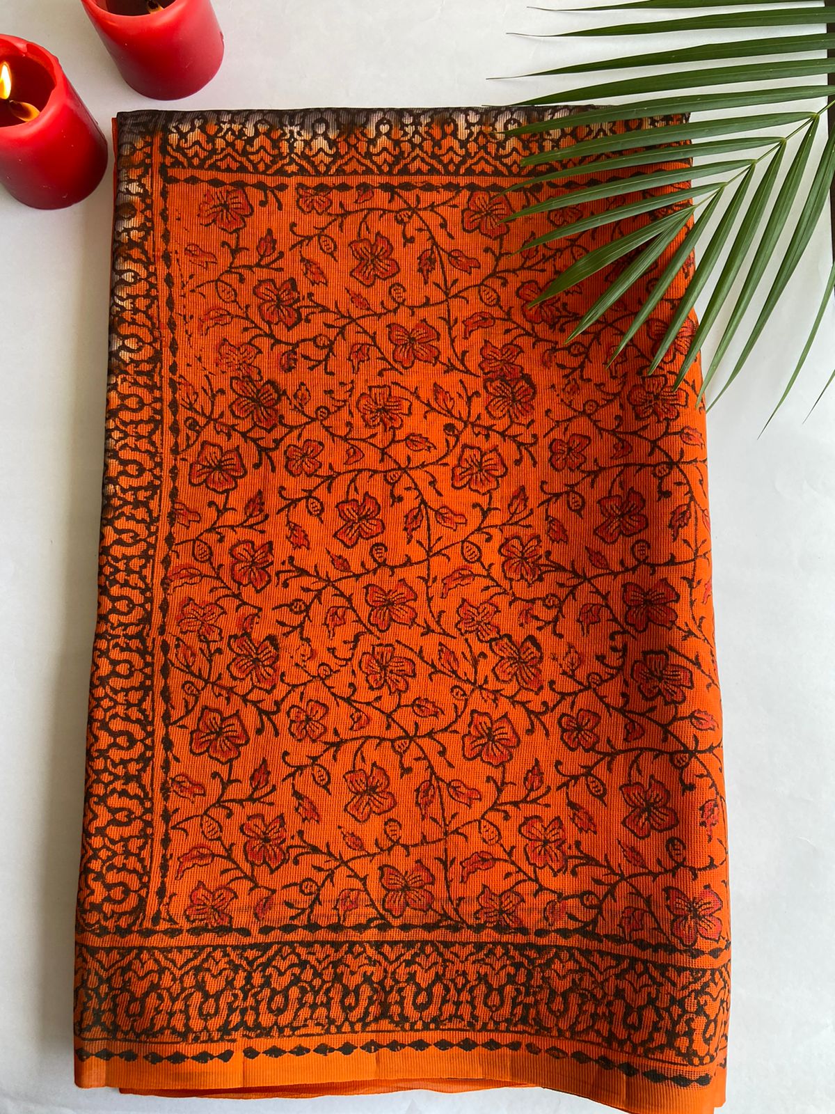 Black and Orange printed super net Kota saree